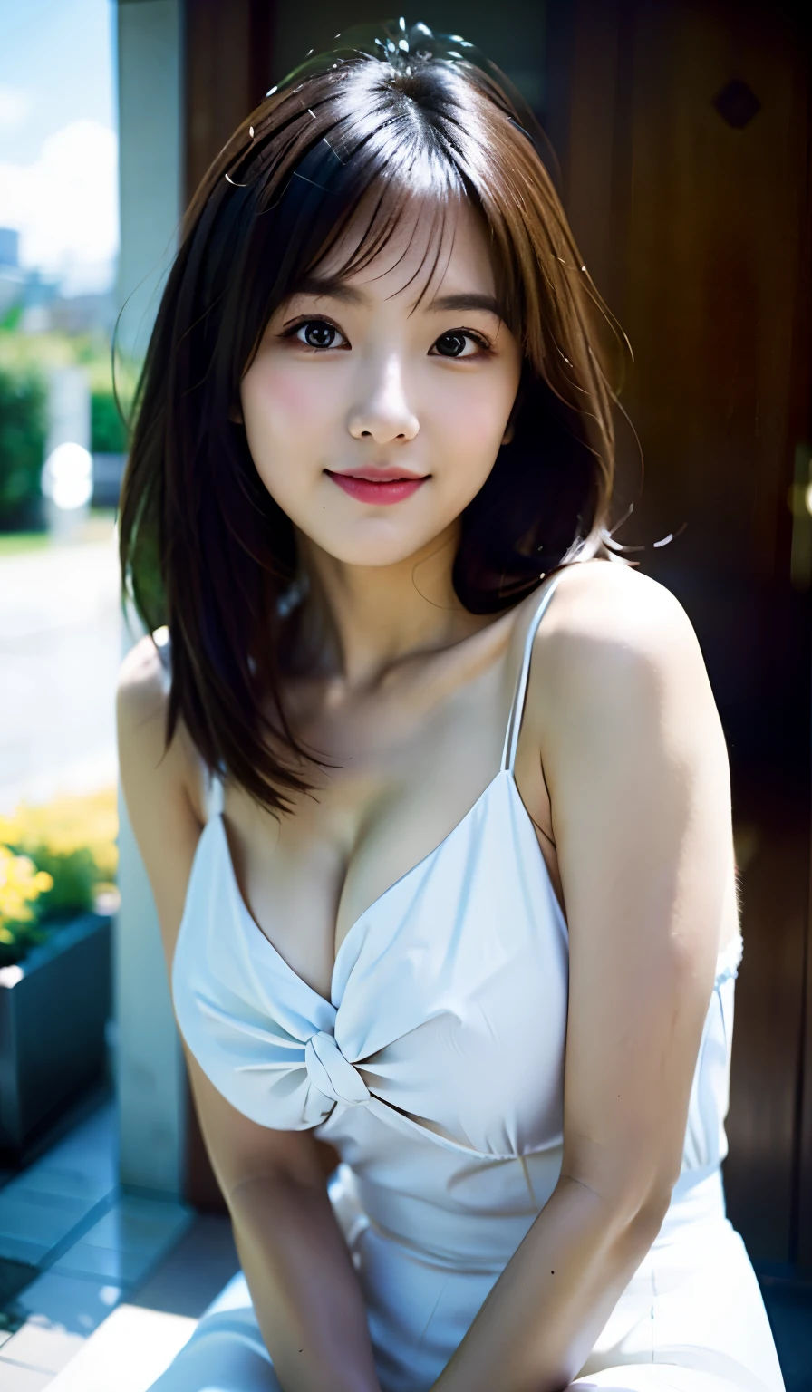 (8K, RAW photo, Best quality, Masterpiece:1.2), (Realistic, photo-realistic:1.37), Ultra-detailed, 1 girl,Cute, Solo,Beautiful detailed sky,Detailed Cafe,Night,Sitting,dated,(nose blush),(Smile:1.1),(Closed mouth),(gigantic cleavage breasts：2.0), Seductive smile, Large apartment, Professional lighting, Sony A7R4, Zessie 50mm F1.8,Beautiful detailed eyes,(White sexy dress:1.1), neck bowtie,Pleated skirt,(Short hair:1.2),Floating hair