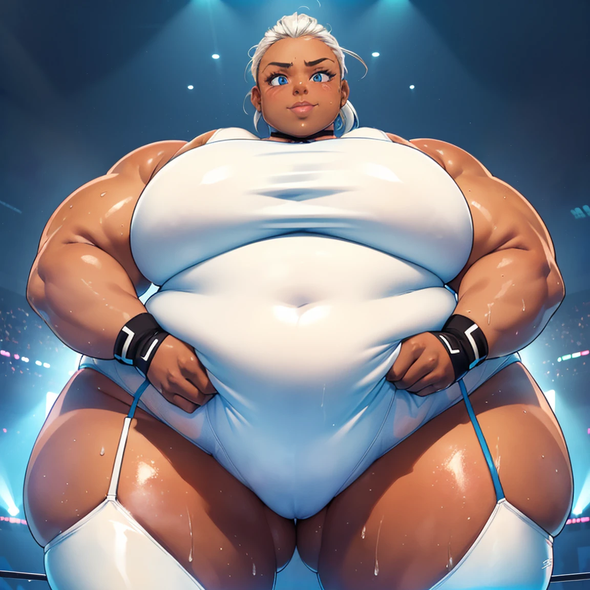 ((Dark skin)), dark skinned female, ((giantess)), ((strongfat)), ssbbw, obese, ((strong arms)), white hair, blue eyes, ((tall)), (gentle smile), (wrestling gear), gigantic, insanely large belly, sweaty, subtle blush, (bare arms), ((gigantic biceps)), leotard, fingerless gloves, wrestling ring background, clear face, large eyes, butt towards viewer