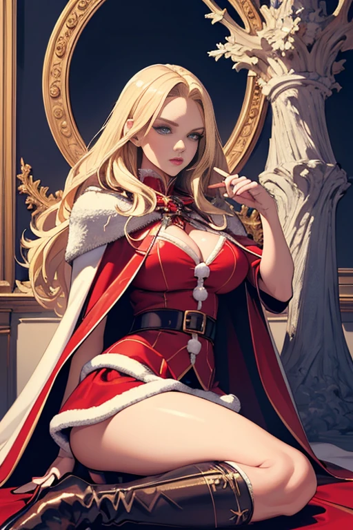 ((best quality)), ((masterpiece)), (detailed),High quality, Ultra detailed, best quality, insanely detailed, beautiful, masterpiece, Blonde hair, blue eyes, Caucasian, glamorous woman, evil wizard, Santa attire, mini skirt, heeled boots, red cape, fluffy cape,holly wand

