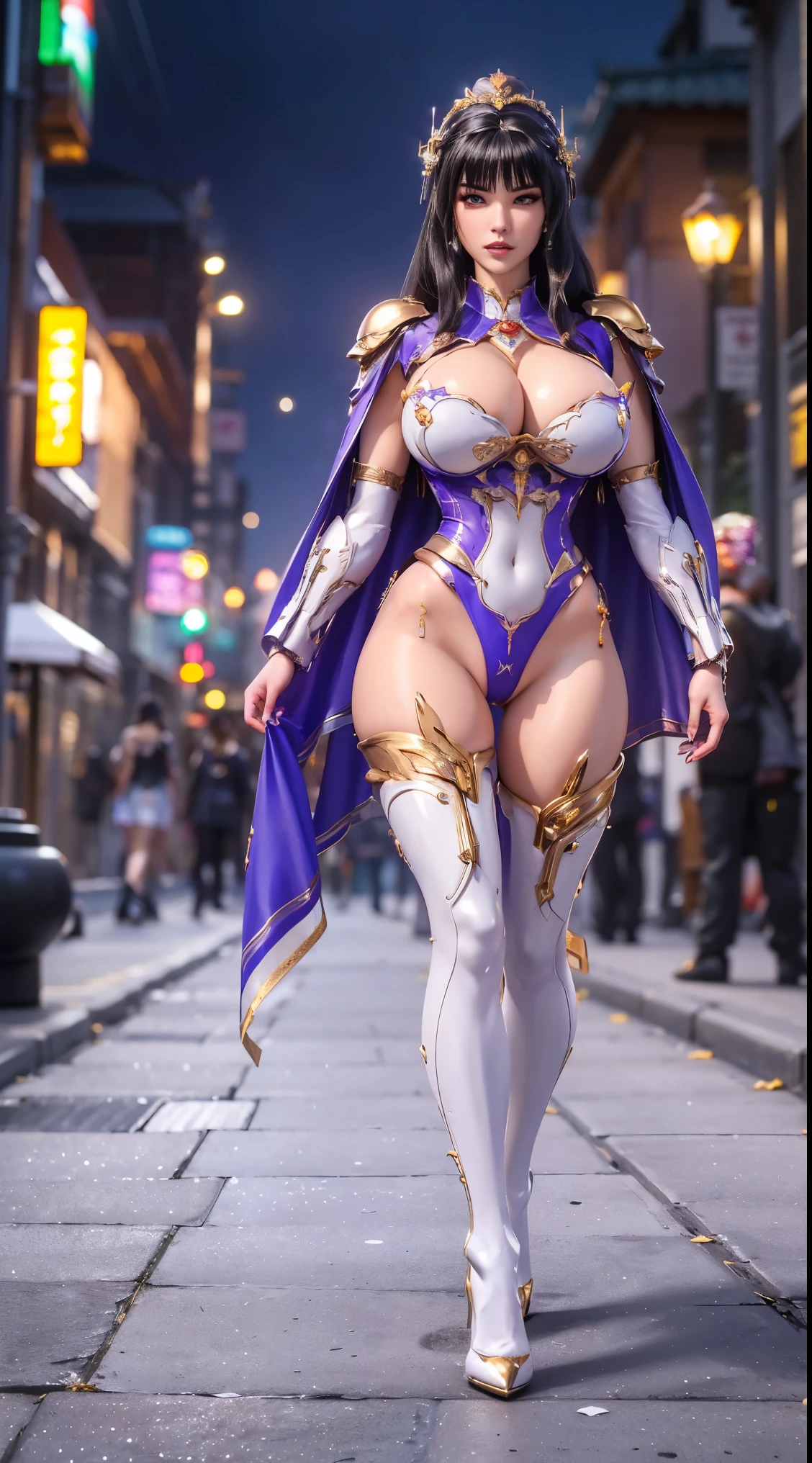 1GIRL, SOLO, (shiny black hair, gold ornament hair), (HUGE FAKE :1.3), (GUARD ARM, GLOVE), IMMORTAL, (white, purple, gold, FUTURISTIC DRAGON MECHA ARMOR SUIT, ROYAL CAPE, CLEAVAGE, SKINTIGHT YOGA HOTPANTS, HIGH HEELS:1.2), (NSFW BUSTY BODY, LINE ABS, SEXY LONG LEGS, FULL BODY:1.3), (FROM FRONT, LOOKING AT VIEWER:1), (WALKING DOWN ON STREET NIGHT CITY:1.3), PHYSICALLY-BASED RENDERING, ULTRA HIGHT DEFINITION, 8K, 1080P.