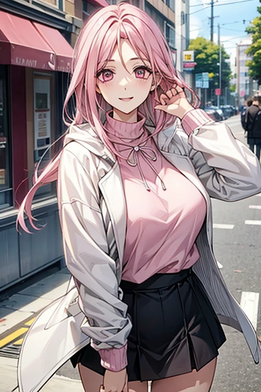 pink hair、pink eyes、big breasts、black mini skirt、pink buoy neck sweater、date、white coat、smile