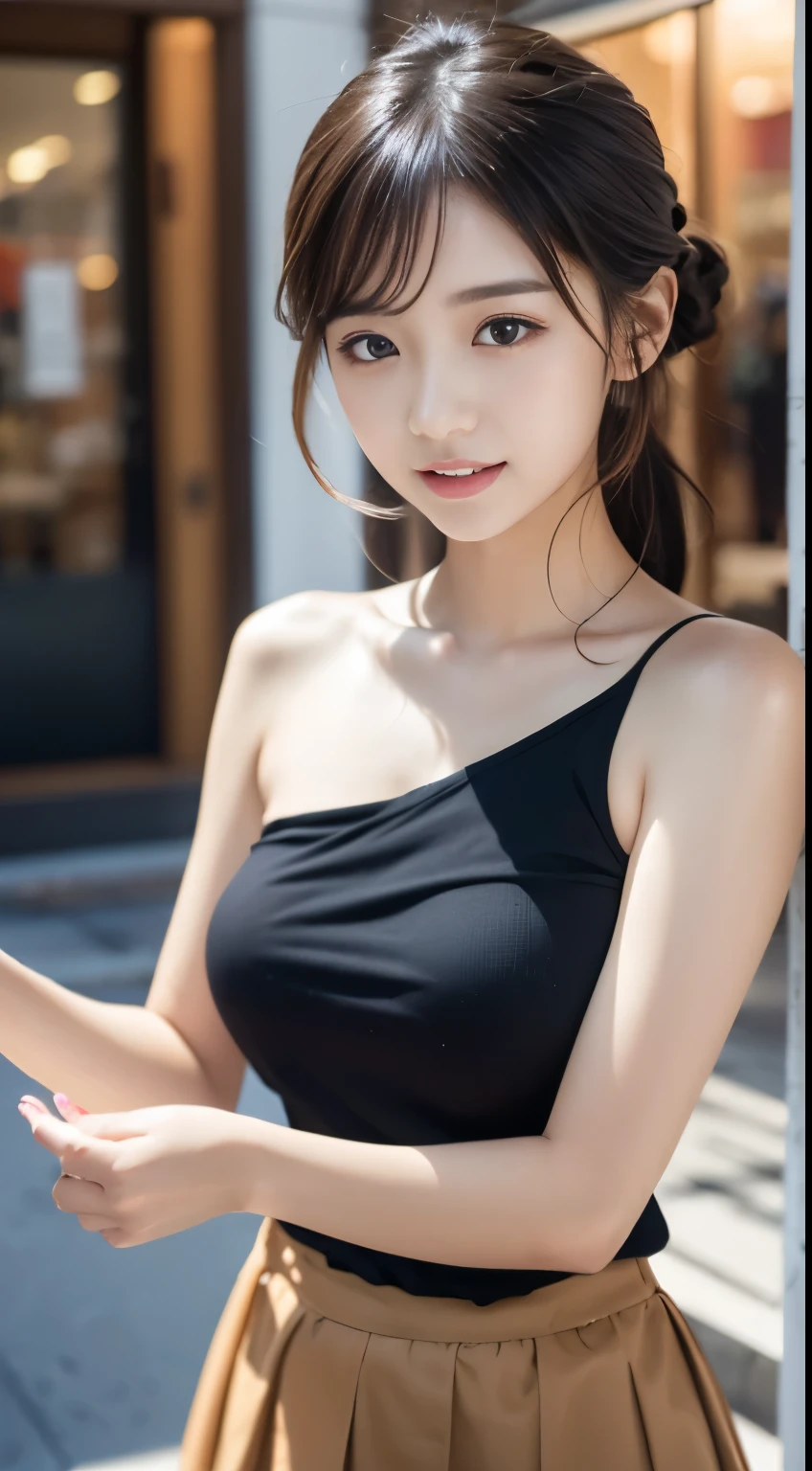 best quality、Excellent details、ultra high resolution、(fidelity: 1.4)、best illustrations、(japanese girl)、(age girl)、 Offer details、Highly concentrated 1girl、Has a delicate and beautiful face、Delicate collarbone、Full, large breasts、brown eyes、perfect body shape、(High quality fishtail skirt)、expression of joy、