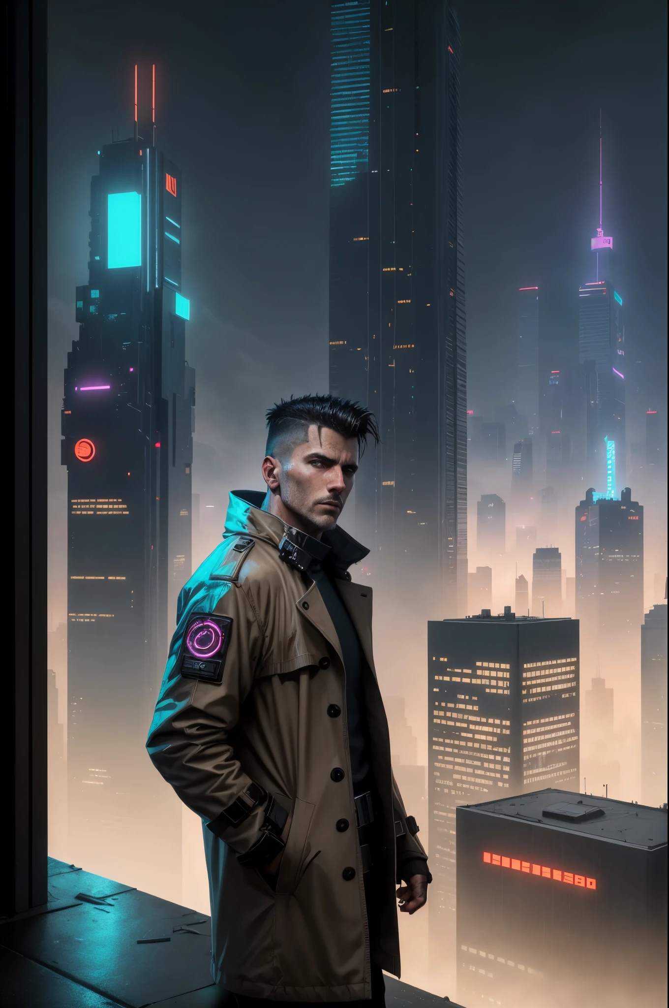 A man, cyberpunk, 45 years old, brown eyes, black hair, shaved on the sides, combed back, unshaven, wearing a dark trench coat with the collars turned up. Hands in his pockets, He is on top of a building watching the skyline at night of the cyberpunk city below in the background. He is leaning against the parapet of a building, Background futuristic cyberpunk make it realistic, Blade Runner, A super technological city with tall buildings, Buildings illuminated with colored lights, fundo escuro,8k, ultra hd