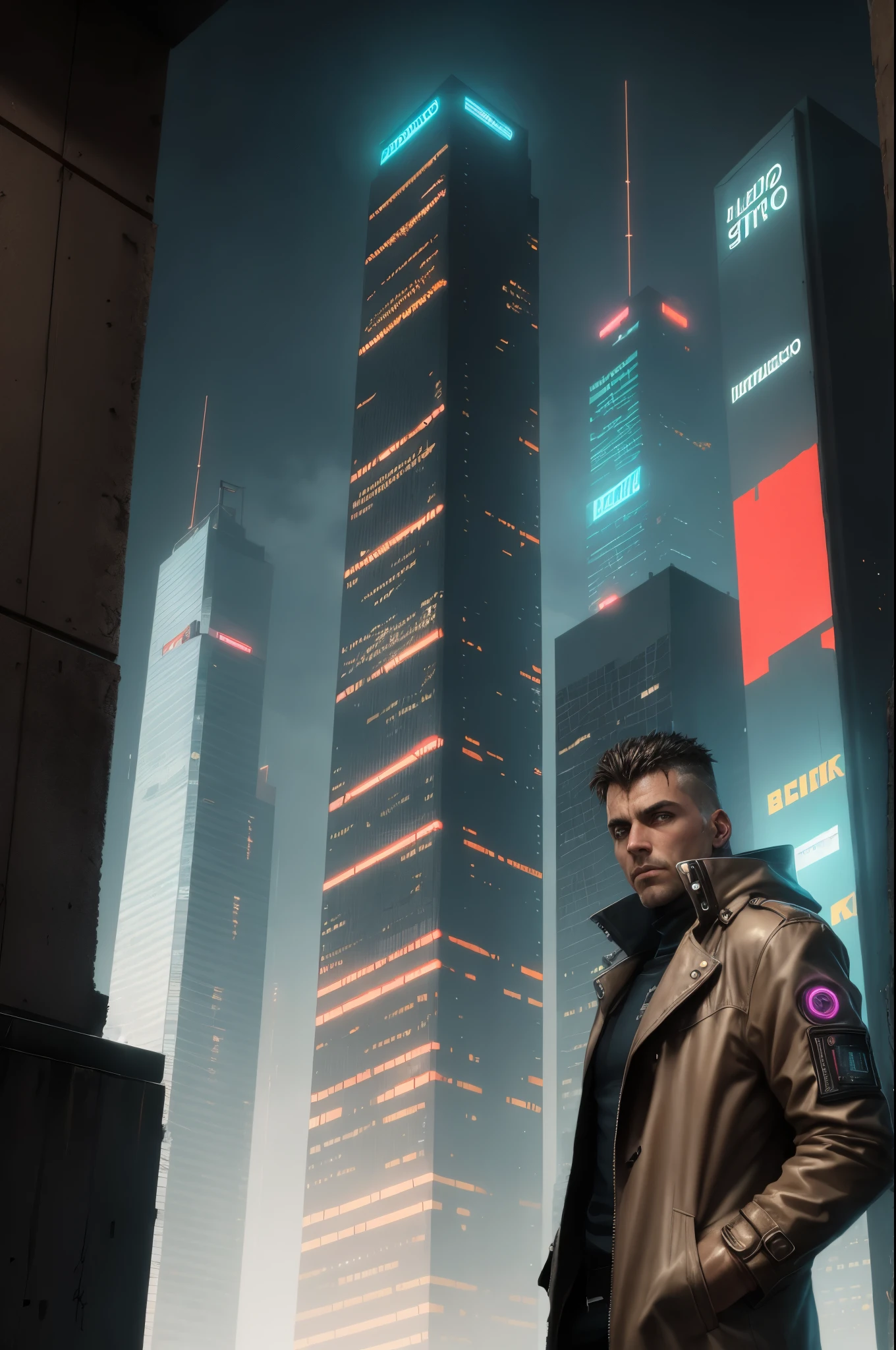 A man, cyberpunk, 45 years old, brown eyes, black hair, shaved on the sides, combed back, unshaven, wearing a dark trench coat with the collars turned up. Hands in his pockets, He is on top of a building watching the skyline at night of the cyberpunk city below in the background. He is leaning against the parapet of a building, Background futuristic cyberpunk make it realistic, Blade Runner, A super technological city with tall buildings, Buildings illuminated with colored lights, fundo escuro,8k, ultra hd 