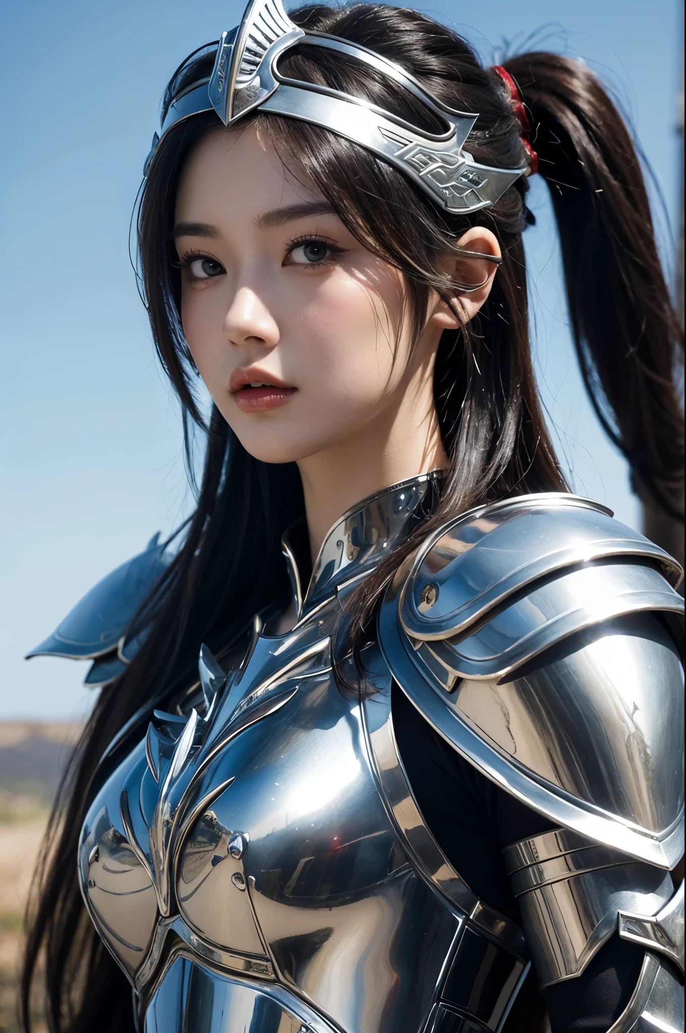 (top-quality,​masterpiece),Close up portrait of woman in silver and red dress posing,Colossal ,美丽的面容,well proportioned face,Bunching up long hair,detailed fantasy art、closes mouth,Fanart Meilleure ArtStation、epic exquisite character art、Dragon helmet,Beautiful armor、Armor with intricate details,extremely detailed art germ、Detailed Digital Anime Art、armor girl,valkyrie,Painted on the waist,