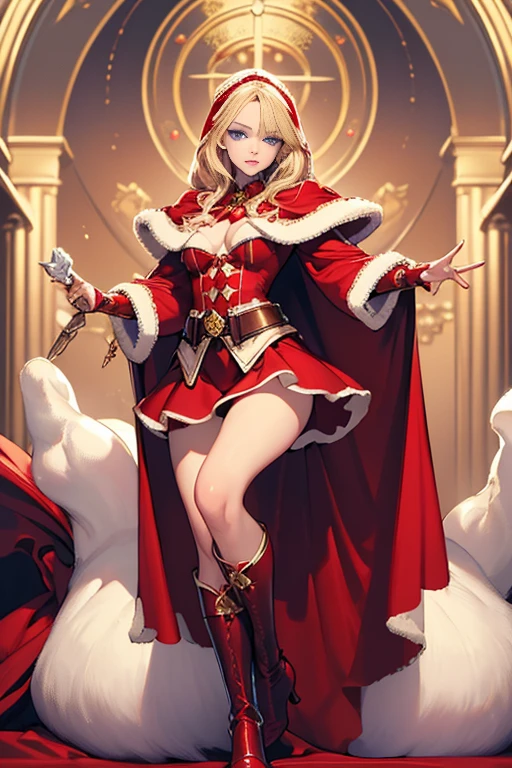 ((best quality)), ((masterpiece)), (detailed),High quality, Ultra detailed, best quality, insanely detailed, beautiful, masterpiece, Blonde hair, blue eyes, Caucasian, glamorous woman, wizard, Santa attire, mini skirt, heeled boots, red cape, fluffy cape,holly wand

