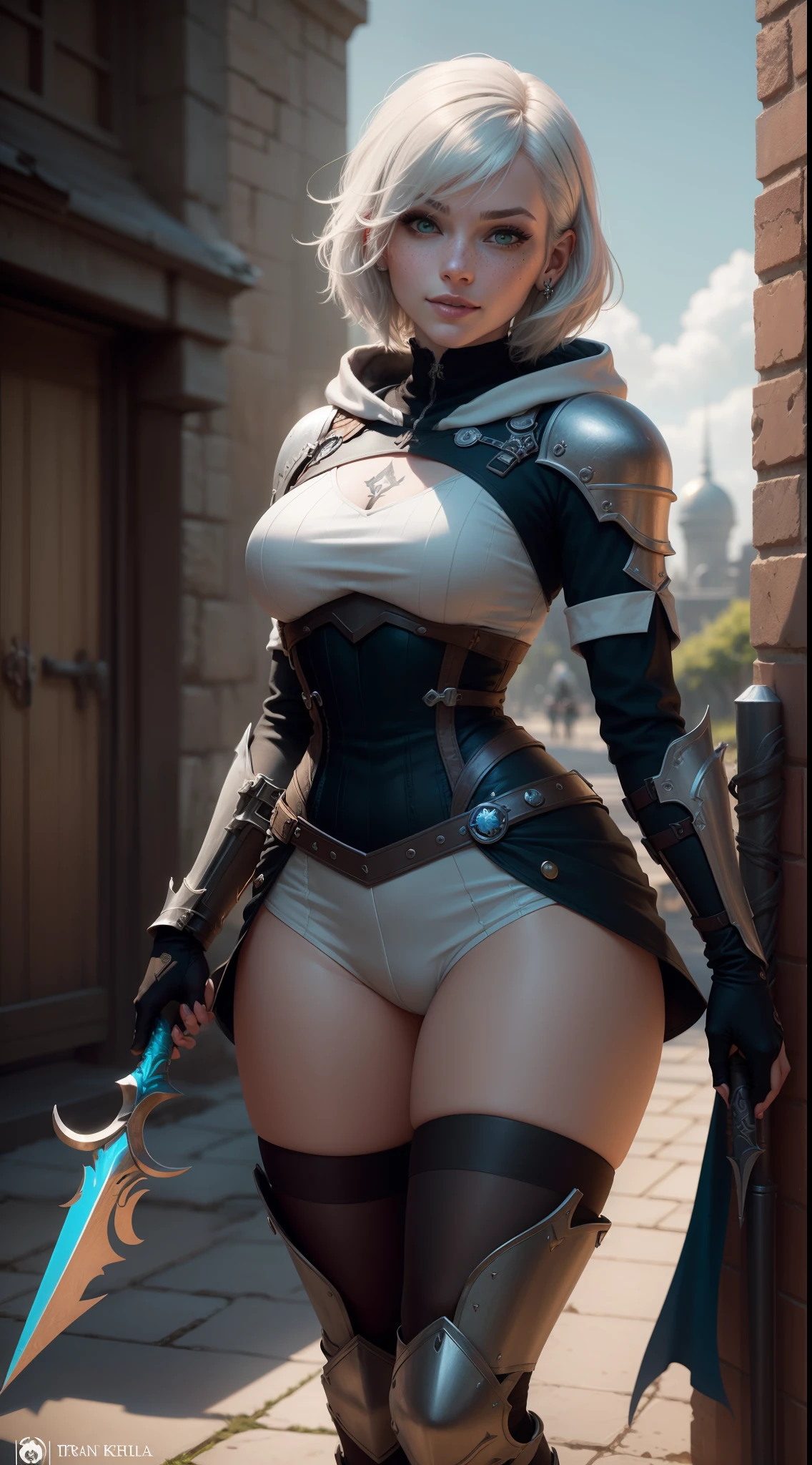 gwen tennyson,tracer,rebecca chambers, yorha 2b,atelier ryza,nier automata,close up,mecha pilot,castle road,tattoos,white and silver plugsuit,white short sleeve lycra top,white cargo pants,uncovered belly,short hair,cute makeup,green eyes,dimensional silver hair,shy smile, freckles,beautiful girl,large breasts,4k hd,ultra detailed,realistic,fantasy art, valkyrie uniform,viking armor,medieval castle,medieval garb,victorian garb,ear piercings,hair pin,