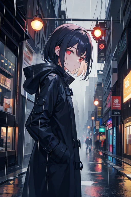 1 girl,night city,rain,coat,hands in pockets