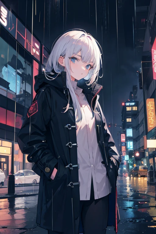 1 girl,night city,rain,coat,hands in pockets