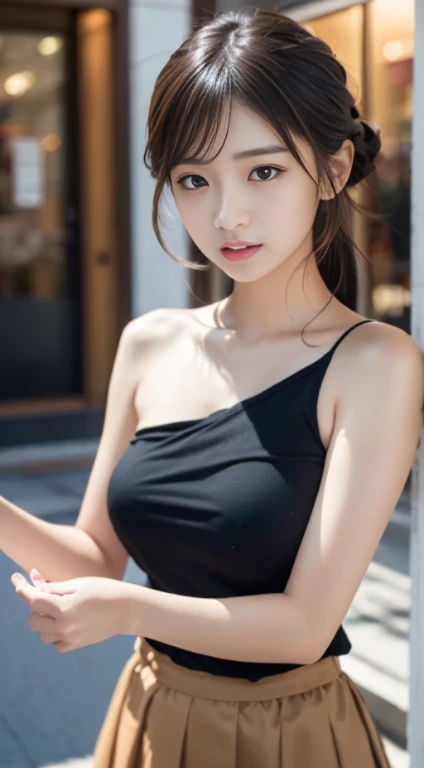 best quality、Excellent details、ultra high resolution、(fidelity: 1.4)、best illustrations、(japanese girl)、(age girl)、 Offer details、Highly concentrated 1girl、Has a delicate and beautiful face、Delicate collarbone、Full, large breasts、brown eyes、perfect body shape、(High quality fishtail skirt)、angry expression、