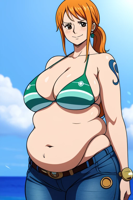 Nami from One Piece, long orange ponytail hair, happy expression, blushing cheeks, ((( massive plump belly))), thick plump thighs, naval , The art style should resemble a captivating anime style. The character is , adult woman, wavy wide streaked bangs, floating bang streaks, (big cheeks), bare shoulders, off-shoulders, belt, bikini, bikini top only, blue sky, bracelet, springy breasts, breast lines, big round eyes, plain big brown shiny eyes, bubbles, high eye position, cleavage, cloud, day, denim, earrings, floating hair, shiny hair, green belt, green bikini, bold groin lines, jeans, jewelry, large breasts, log pose, long hair, looking at viewer, navel, wet hair, orange hair, pants, shoulder tattoo, sidelocks, sky, solo, standing, swimsuit, tattoo , looking at viewer, detailed left arm, small head, wide hair, lustful smile, embarrassed
For the image quality, please prioritize (best quality, 4k, 8k, highres, masterpiece:1.2), ultra-detailed, and (realistic, photorealistic, photo-realistic:1.37) rendering. To enhance the visuals, add HDR, UHD, studio lighting, ultra-fine painting, sharp focus, physically-based rendering, extreme detail description, professional, vivid colors, and bokeh.