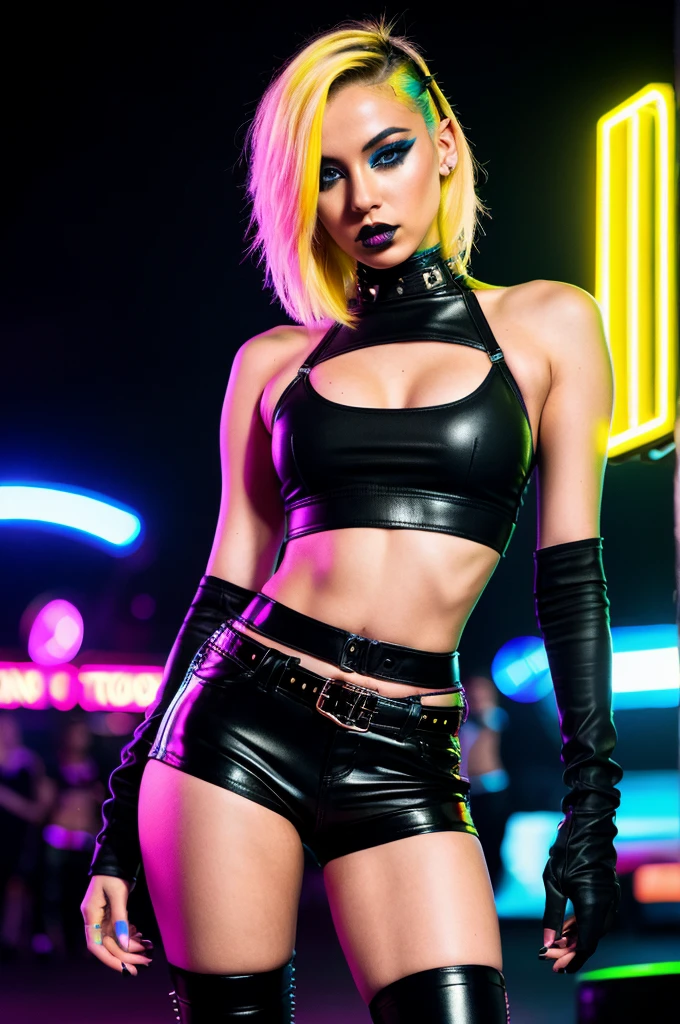 (realistic,photography:1.2),slim, sexy punk woman, techno aesthetic, techno fashion, festival outfit, tight crop top, tight hotpants, blonde bold and edgy hair, black makeup, close-up, full body shot, vibrant colorful background, neon lights, futuristic atmosphere, energetic pose