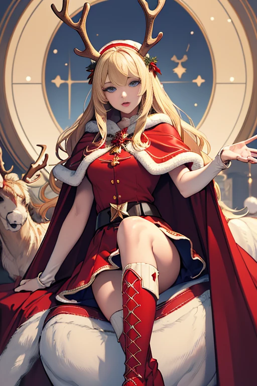 ((best quality)), ((masterpiece)), (detailed),High quality, Ultra detailed, best quality, insanely detailed, beautiful, masterpiece, Blonde hair, blue eyes, Caucasian, glamorous woman, wizard, Santa attire, mini skirt, heeled boots, red cape, fluffy cape,holly wand,
A pair of reindeer antlers on the head