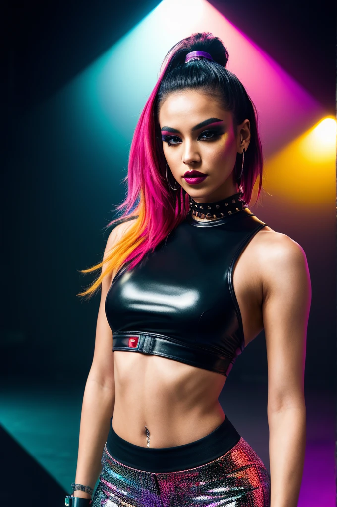 (best quality,4k,8k,highres,masterpiece:1.2),ultra-detailed,(realistic,photorealistic,photo-realistic:1.37), slim sexy punk woman with a fierce expression stands in the foreground. She has strikingly bold and edgy blonde hair, styled in a trendy, attention-grabbing way. Her captivating eyes are accentuated with skillful black makeup, adding to her alluring punk aesthetic. The close-up shot highlights her detailed facial features.
This punk woman exudes confidence and attitude, dressed in a techno-inspired fashion ensemble. She wears a tight Crop Top that hugs her curves, revealing a glimpse of her toned abdomen. Paired with this, she rocks tight hotpants that accentuate her legs. The festival outfit radiates a vibrant energy, combining bold colors and futuristic patterns that embody the techno aesthetic.
The composition of the image focuses on the woman's full body, capturing her empowering presence. The lighting is carefully set to emphasize the intensity and vibrancy of her persona. The background complements her style, featuring elements such as neon lights, futuristic cityscape, or a vibrant concert scene.
The overall artwork is created with the utmost attention to detail, utilizing high-resolution techniques like HDR and UHD to deliver a visually stunning result. The artwork reflects the realism of a photograph, capturing every intricate detail of the woman's appearance and conveying a sense of authenticity.
The color palette chosen for this artwork is vibrant and bold, embracing the techno fashion's penchant for vivid hues. The lighting adds depth and dimension to the scene, enhancing the overall atmosphere and creating a dynamic visual experience.
In summary, the prompt showcases a realistic and photorealistic depiction of a slim sexy punk woman in techno fashion. From her fierce expression and edgy hairstyle to her tight Crop Top and hotpants, every detail is presented with ultra-detailed precision. The artwork captures the essence of the techno aesthetic with its vibrant color palette, while the lighting and overall composition ensure a high-quality, visually striking result.