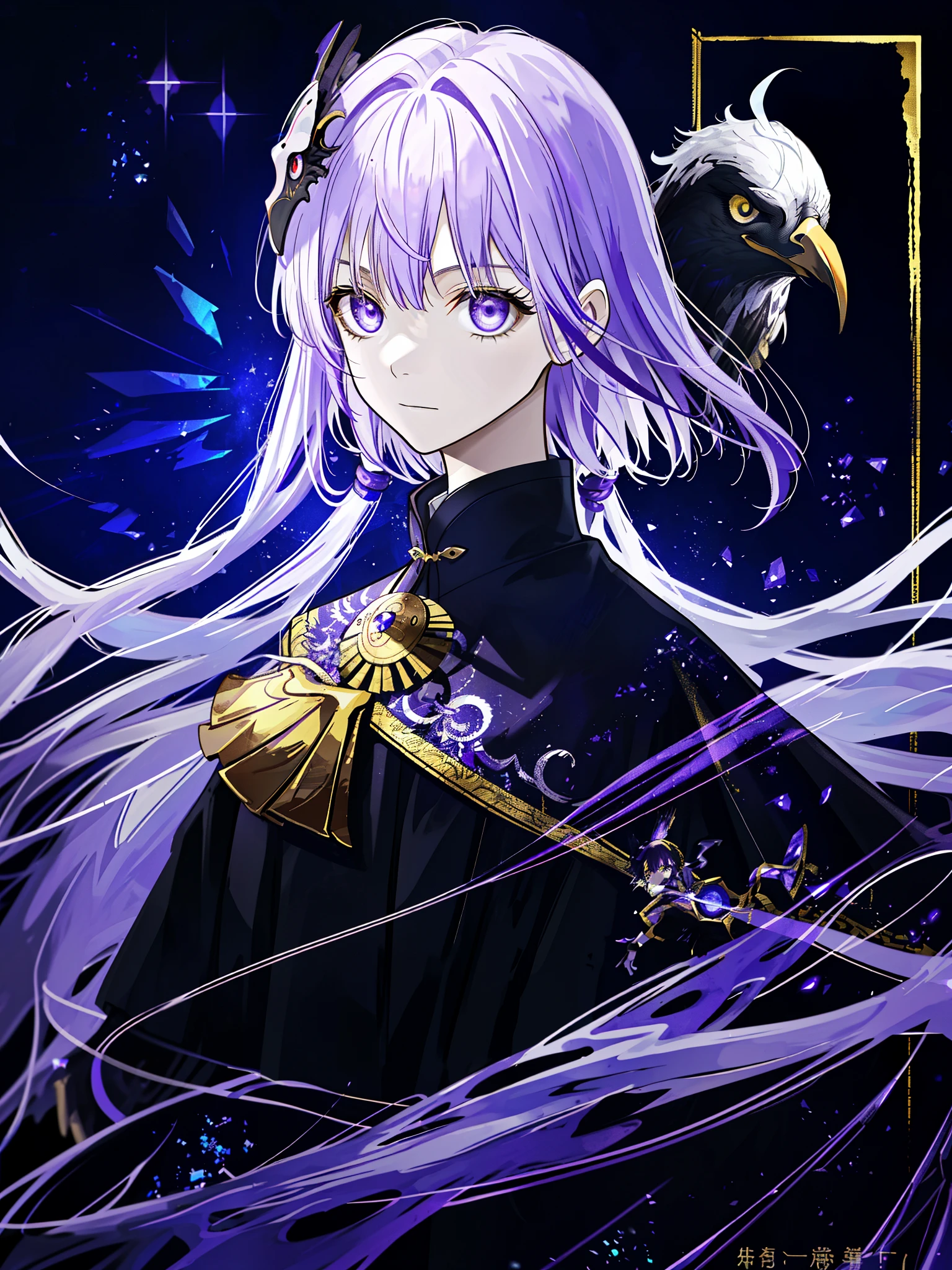 one person,Purple and white hair,middle aged woman,A golden eagle mask is worn on his face,black toga,Purple lining,Sci-fi sense,a sense of mystery,laughter,There are huge crow wings,The background is starry sky,Black starry sky,4K,Tyndall effect,poster风格,high resolution,poster,epic,
