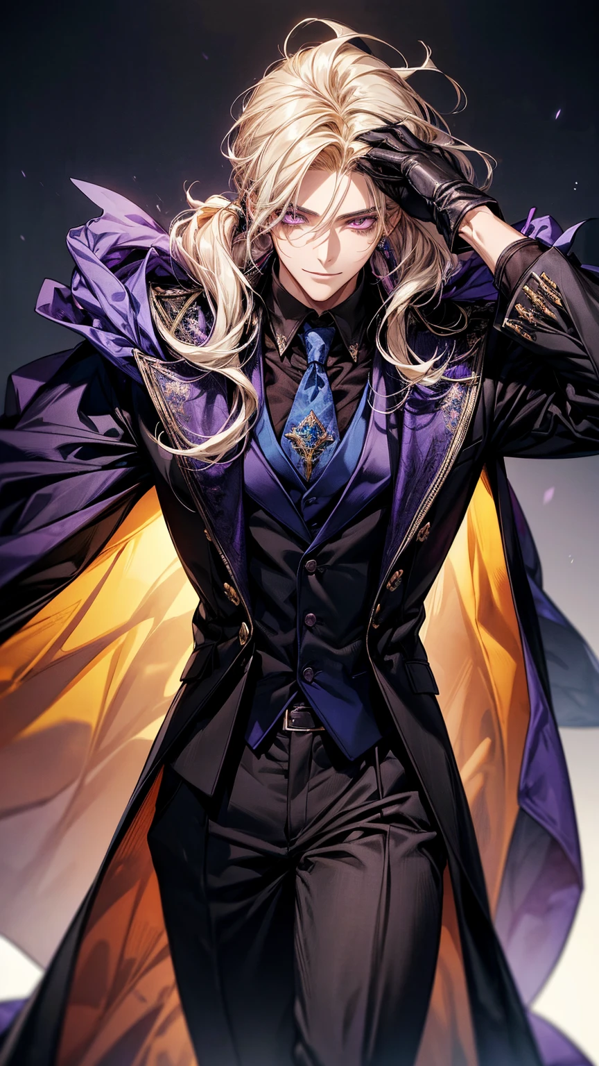 1young man,solo, male photo,confident smile, yellow hair, ((long  hair)), low ponytail,(wavy hair),purple eyes, slant eyes,anatomically correct,purple tie,((black gloves)),((blue cloak)),black suit,beautiful  background,best quality, high quality,masterpiece, 8K 