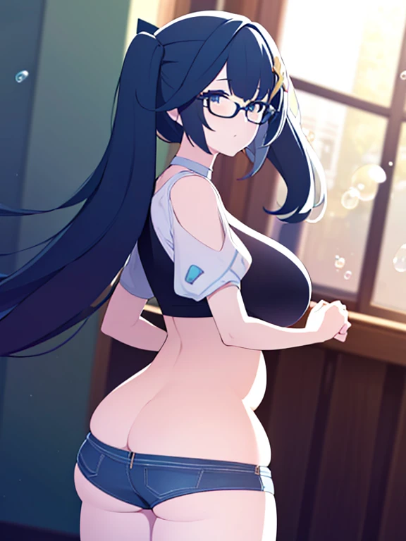 (Very high quality, detailed, masterpiece, from behind) An image of a full body pregnant girl with a round belly, long hair, very big breasts and a bubble butt. She's standing barefoot with her hands on her belly and leaning back. She's wearing a crop top, very thight shorts and glasses.