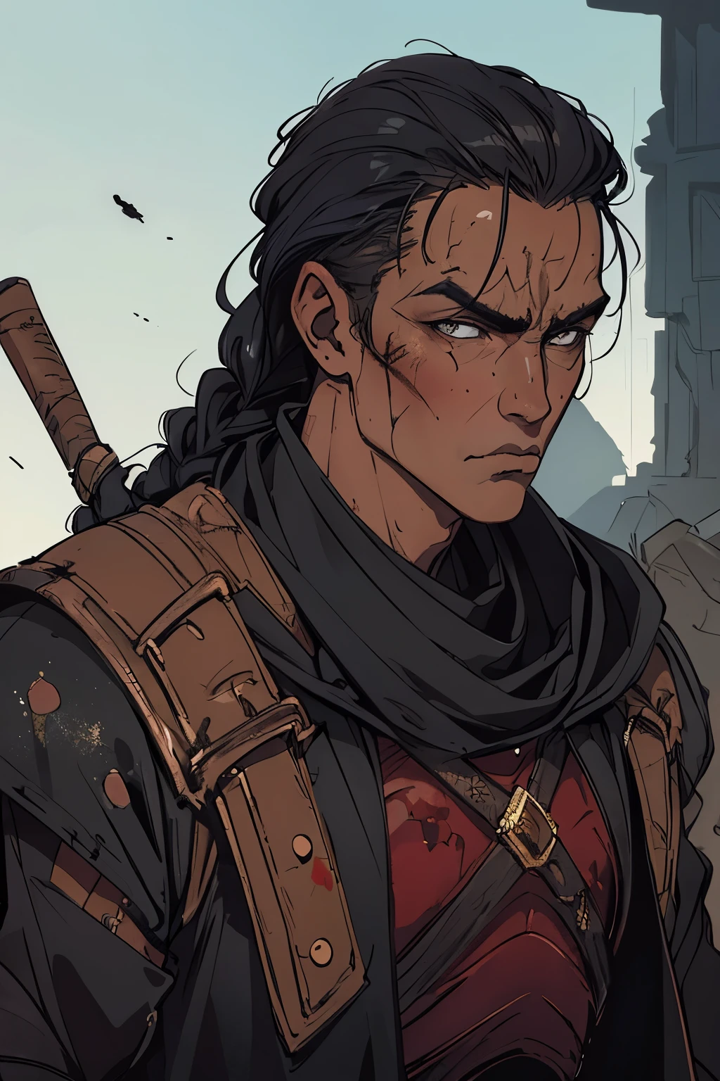 masterpiece:1.2, best quality, 1man,male, absurdres, dark, (action shot), ruthless futuristic assassin, clothed in tattered assassin robes and military gear, blood splatter, fantasy, SCI-FI, centered, portrait, in the style of Kentaro Miura, Native American male, tan, male focused, braid with shaved sides, masculine,