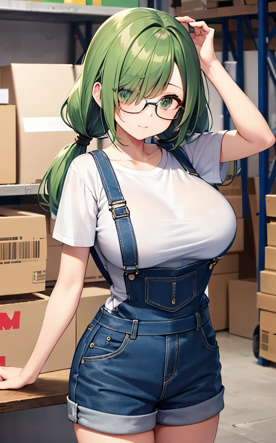 corner of warehouse、beautiful girl wearing glasses、drooping eyes、big breasts、One eye is hidden by hair、low twintails、green hair、Wearing overalls、T-shirt、standing position、