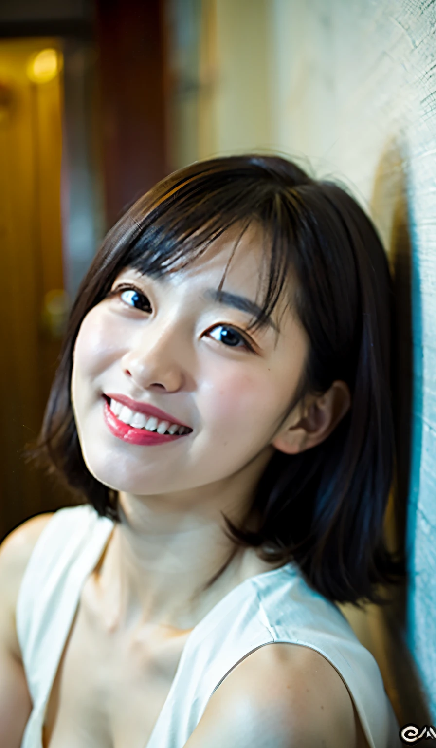 (8K, RAW photo, Best quality, Masterpiece:1.2), (Realistic, photo-realistic:1.37), Ultra-detailed, 1 girl,Cute, Solo,Beautiful detailed sky,Detailed Cafe,Night,Sitting,dated,(nose blush),(Smile:1.1),(Closed mouth),(gigantic cleavage breasts:2.0), Seductive smile, Large apartment, Professional lighting, Sony A7R4, Zessie 50mm F1.8,Beautiful detailed eyes,(White sexy dress:1.1), neck bowtie,Pleated skirt,(Short hair:1.2),Floating hair