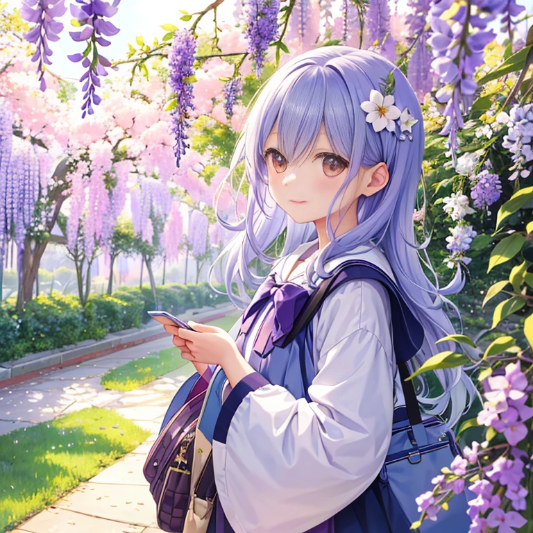 小人の住む家のようなかわいいpastelの小さなお家、A wisteria trellis nestled next to it delights the eye.、There is also a colorful flower garden that delights viewers.、A completed work that looks like a painting、watercolor painting、pastel、Warmth and cuteness like a picture book、Tomoko Tejima style