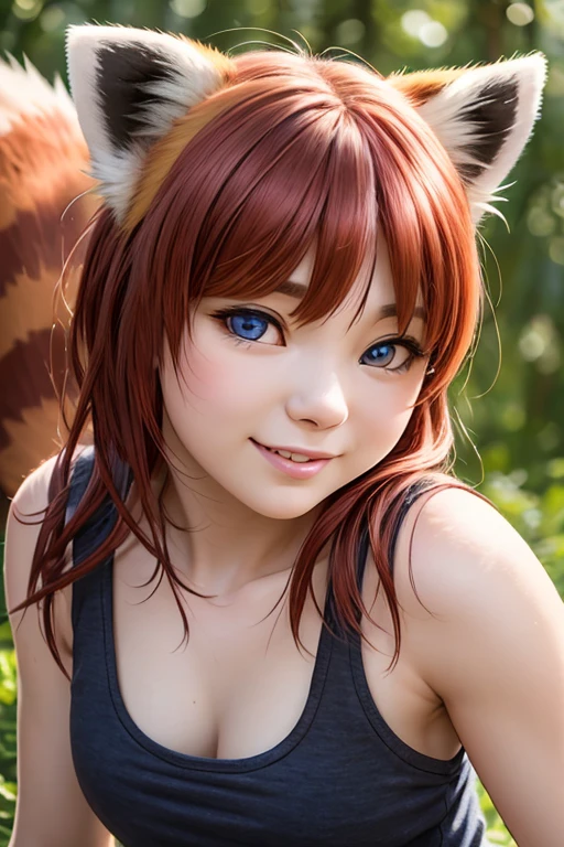 (realistic, best quality:1.2), ultra detailed, HDR, RAW, F/1.8, anthropomorphic red panda, insanely detailed eyes, pretty face, insanely detailed fur, tank top, real, photographic, whole body, fur arm, human face