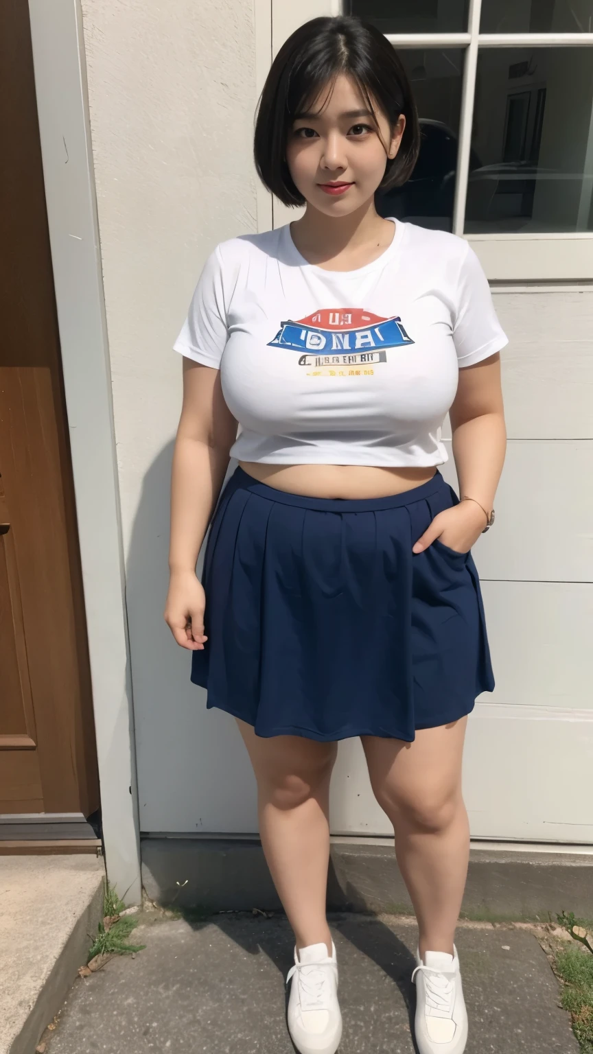 Mature woman, wearing a t-shirts, wearing a thight skirt, chubby face, asian girl, big breast, big arm, big belly, chubby body, big thighs, chubby hips, bob hairstyle, bbwchan, cute girl, big tits, big , sie . Wearing a sneakers .