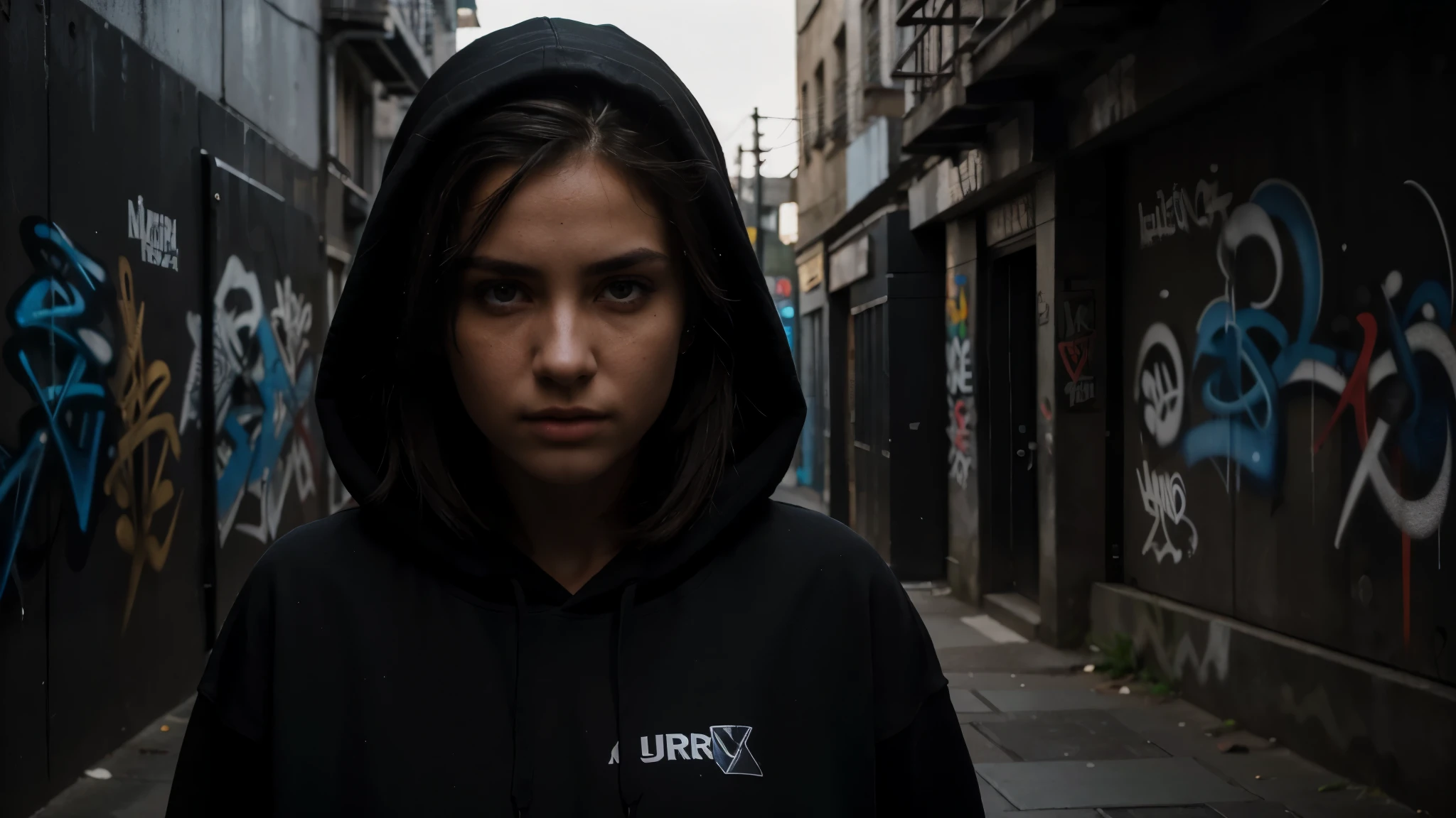 (best quality,highres,ultra-detailed,realistic),a girl in a black hoodie,standing in a dark alley,emphasizing the beautiful detailed eyes and face,vivid colors, moody lighting,sharp focus,dramatic shadows,breathtaking graffiti art,urban atmosphere,street fashion.