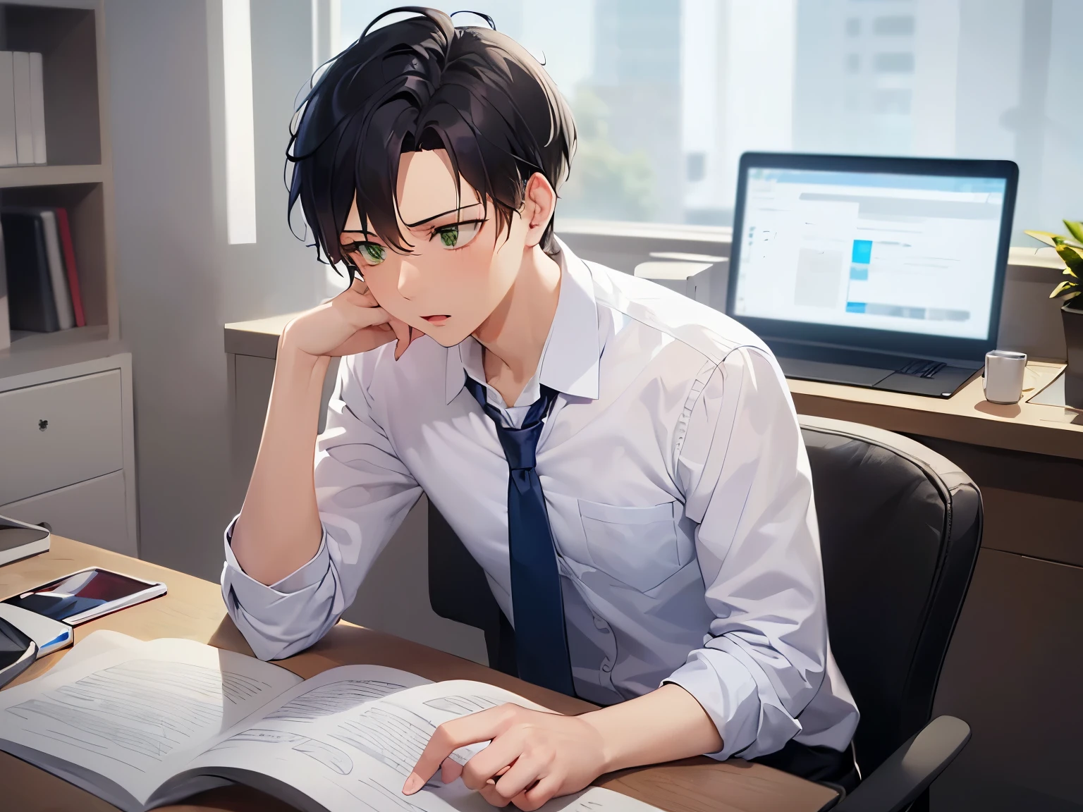 dutch angle, (looking away:1.5), masterpiece、high quality、(25-year-old man with short black hair and green eyes:1.5)、Wearing a white Y-shirt、Wearing a dark blue tie、(Alone:1.5)、(Expressionless:1.1)、open mouth, sitting、The background is an office、computer