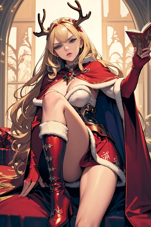 ((best quality)), ((masterpiece)), (detailed),High quality, Ultra detailed, best quality, insanely detailed, beautiful, masterpiece, Blonde hair, blue eyes, Caucasian, glamorous woman, evil wizard, Santa attire, mini skirt, heeled boots, red cape, fluffy cape,holly wand,
A pair of reindeer antlers on the head,arrogant lady.