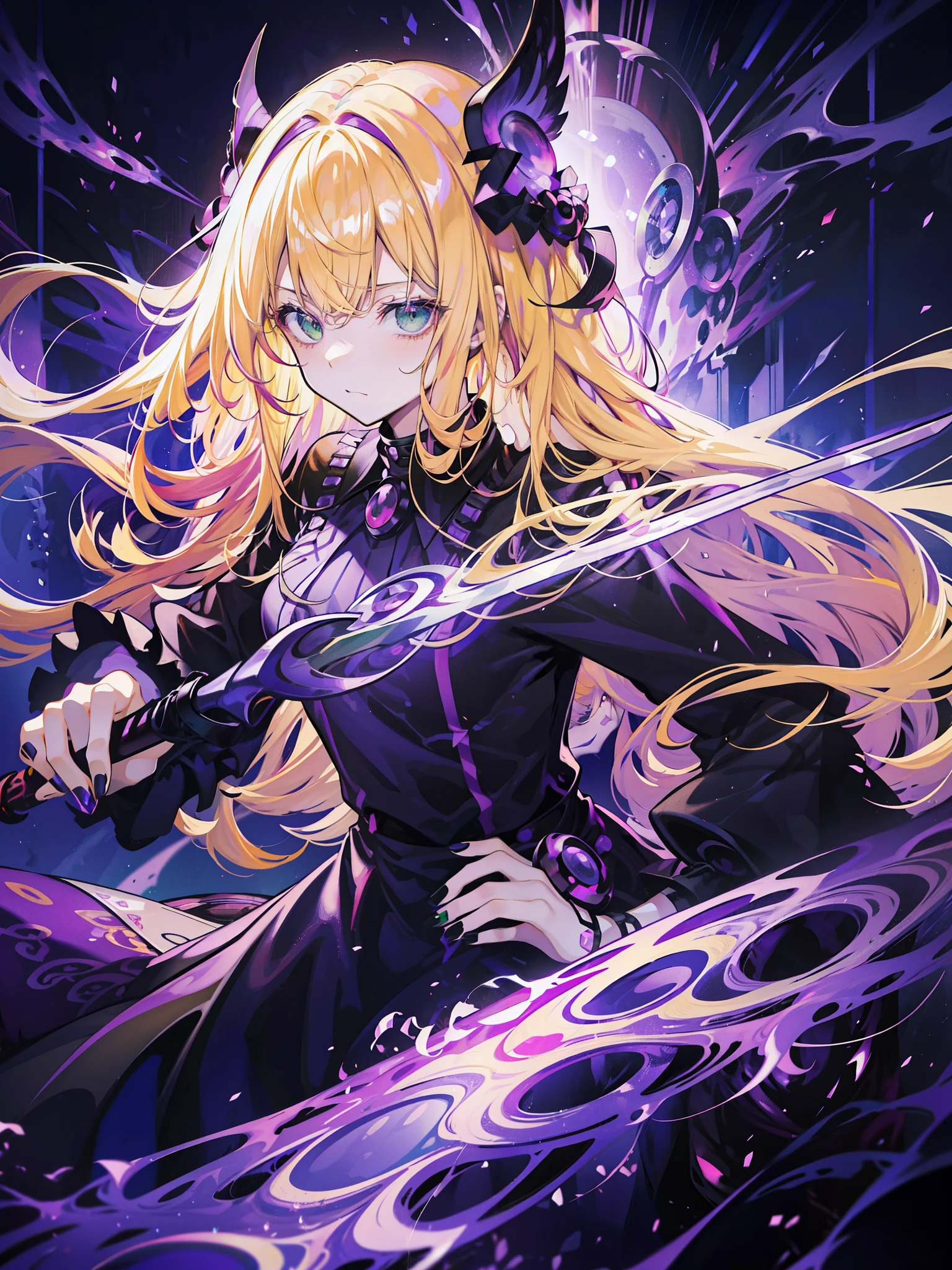 blonde hair,teenage girl,The hair is a bit curly,Purple and black nails with red,Purple-black helmet,Queen element,green eyes,Holding a fuchsia sword,Black flames emanate from the sword,Dark system,The background is a dark night with a moon,Moonshine effect enhanced,4K,Tyndall effect,poster style