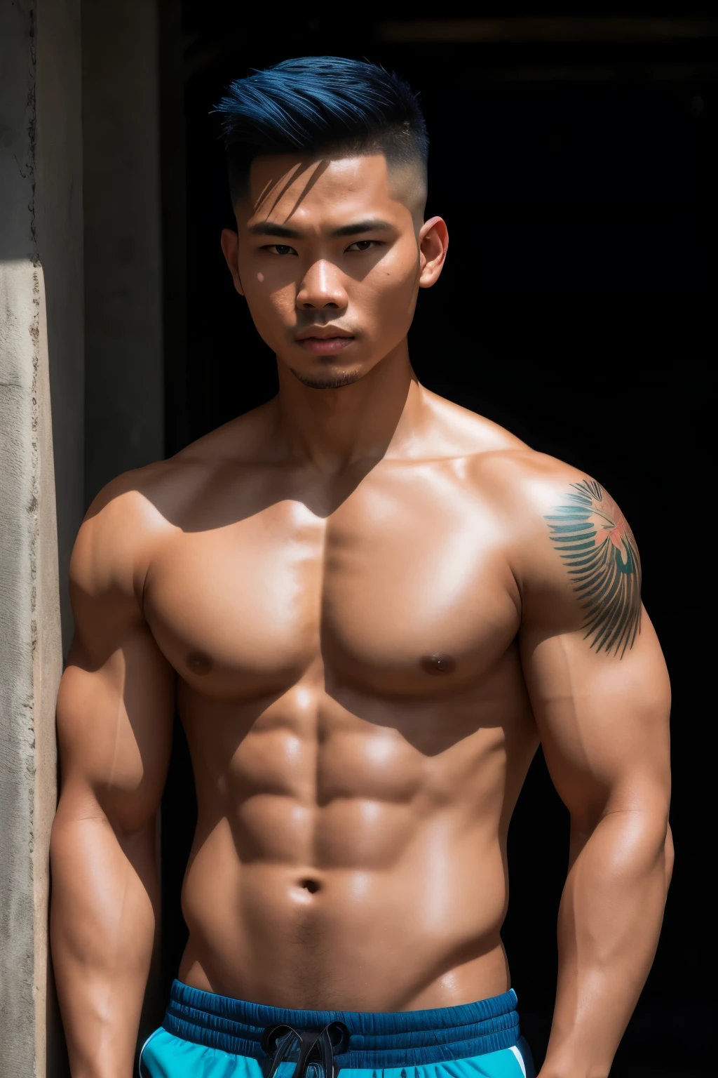 Photo of an Indonesian man, full body, sweat dripping from his skin, Low fade hair style adding to his attractive face, Manly features with a kind and expressive gaze, Tattoos adorning his body, high-quality and detailed imagery, 4k and 8k resolution, real art IA, wallpaper, color enhancement set to 100%, qualitative restoration and super restoration at 100%, cool-toned color grading, high-angle shot emphasizing his muscular physique, bright color grading, shallow depth of field creating a dramatic effect, Canon EOS R6, 24-70mm Lens, F/4, RAW