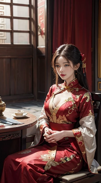 (Ultra-realistic 8k CG: 1.2), perfect artwork, delicate patterns, intricate details, (unparalleled masterpiece, best quality: 1.2), (extremely complex: 1.2), a woman in a red and gold dress, (sitting on a red bed), hips up, makeup, blush, shyness, white hair, looking down, cosmetics, (forehead point), (2 red candles), Chinese_clothes, curtains, earrings,hanfu, interior, jewelry, red nails, long_sleeves, red dress, red lips, tassels, (red quilt), (red palace: 1.2), (ancient Chinese architecture), (red: 1.8), night