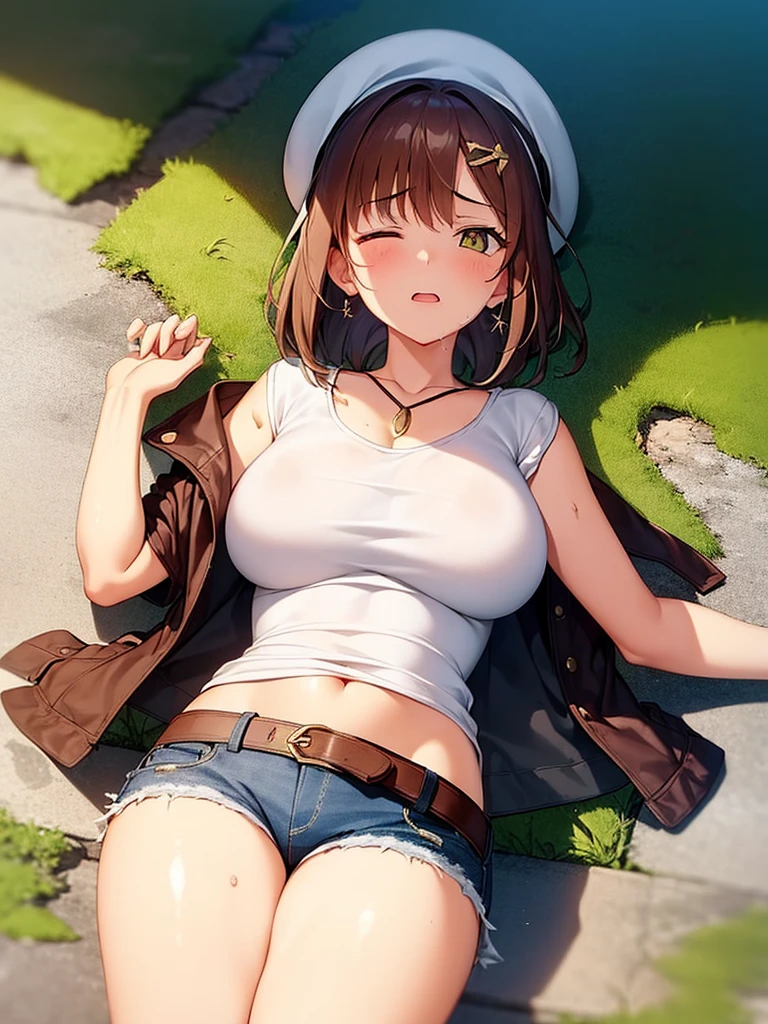 (Lie on the ground:1.3), ((gasp in pain:1.1)), 1 girl, riser, ((white shirt)), huge breasts, naughty big breasts, denim shorts, ((long and thin legs)), ((thin waist)), thighs, beret, Beautiful woman, my clothes are wet, open your mouth