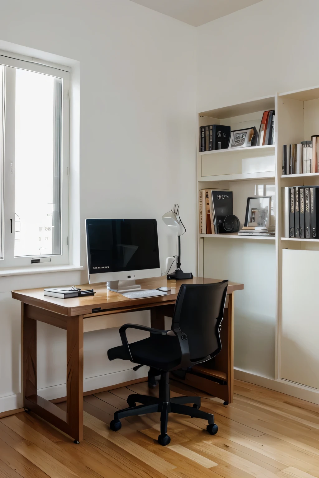 product photo, modern research, Upscale bookshelf filled with painting books of various sizes. In front of the bookshelf, High-end computer desk，Equipped with atmosphere、Stylish desktop computer. Have an e-book reader, Pen holder, Pen, Construction drawings, Sunlight, Minimalist atmosphere, Modern computer chair, and modern style on the desk.