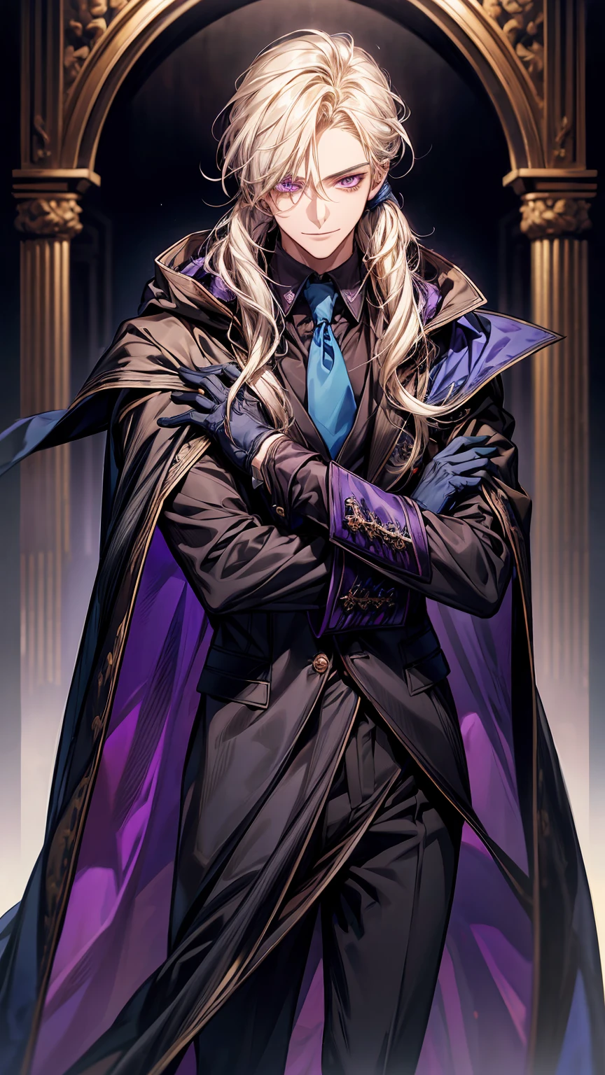 ***ung man,solo, male photo,confident smile, yellow hair, ((long  hair)), low ponytail,(wavy hair),purple eyes, slant eyes,anatomically correct,purple tie,((black gloves)),((blue cloak)),black suit,beautiful  background,best quality, high quality,masterpiece, 8K 