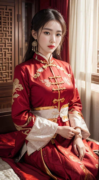 (Ultra-realistic 8k CG: 1.2), perfect artwork, delicate patterns, intricate details, (unparalleled masterpiece, best quality: 1.2), (extremely complex: 1.2), a woman in a red and gold dress, (sitting on a red bed), hips up, makeup, blush, shyness, white hair, looking down, cosmetics, (forehead point), (2 red candles), Chinese_clothes, curtains, earrings,hanfu, interior, jewelry, red nails, long_sleeves, red dress, red lips, tassels, (red quilt), (red palace: 1.2), (ancient Chinese architecture), (red: 1.8), night