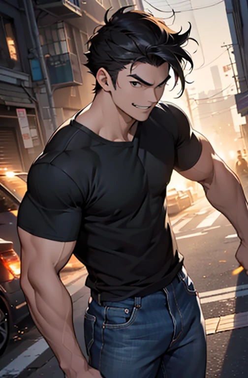 ((highest quality))、((８K))、((High resolution))、((masterpiece))、((Super detailed))、((anime style))、a handsome guy、Handsome young man in anime、((Looking at the camera from the side))、((standing))、(muscular)、medium sized build、medium height、uneven black hair、Black eyes reminiscent of darkness、A gaze filled with the intention to kill the enemy、（Sharp, strong and well-defined eyes）、natural eyebrows、very short hair、Unruly hair waving、fearless smile、sharp canine teeth like a beast、plain black athletic t-shirt、dark blue jeans、（fighting pose）、wind blowing