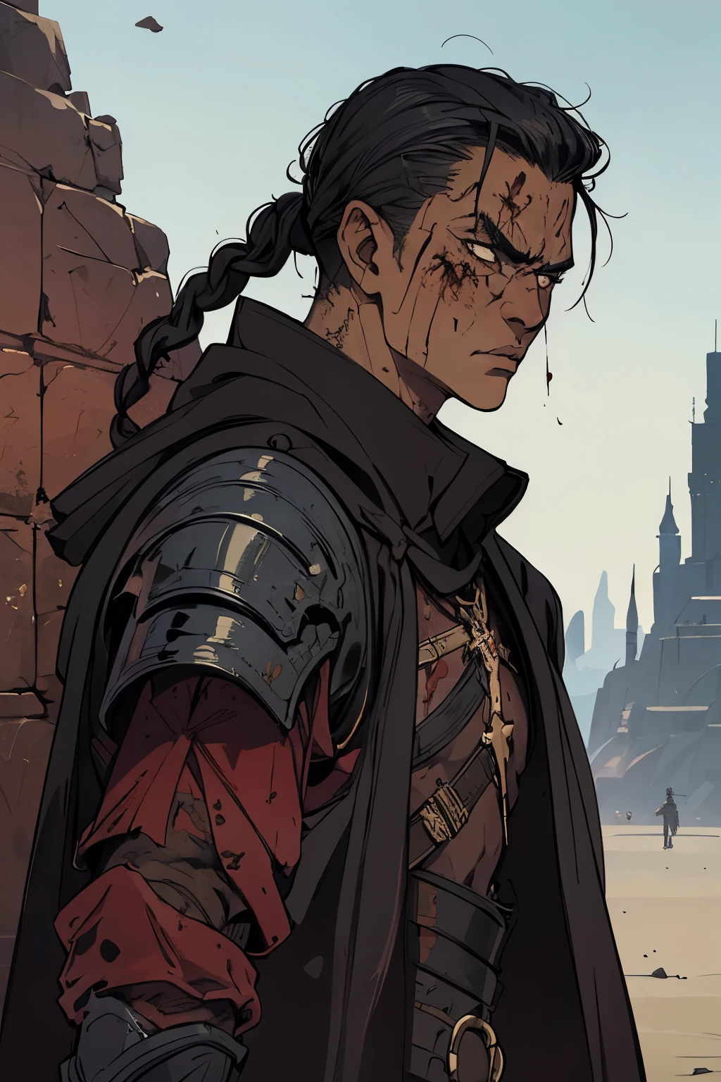 masterpiece:1.2, best quality, 1man,male, absurdres, dark, (action shot), ruthless futuristic assassin, clothed in tattered assassin robes and military gear, blood splatter, fantasy, SCI-FI, centered, portrait, in the style of  Kentaro Miura, Native American male, tan, male focused, braid with shaved sides, masculine, 