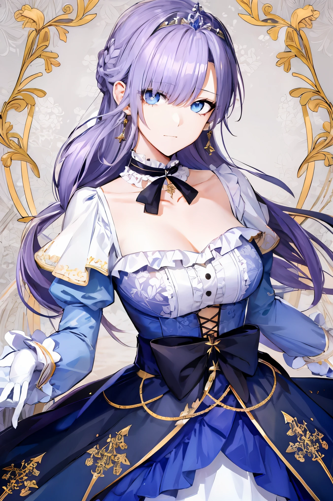 shoujo-style, jk style, (floral background), romance manhwa, (fiona), 1girl, solo, braid, flower, dress, tiara, white dress, gloves, long sleeves, choker, mascara, makeup, white gloves, black bow, black flower, bow, jewelry, looking at viewer, collarbone, puffy sleeves, silver accessories, upper body, bangs, blue dress, frills, closed mouth, detailed eyes, cowboy shot