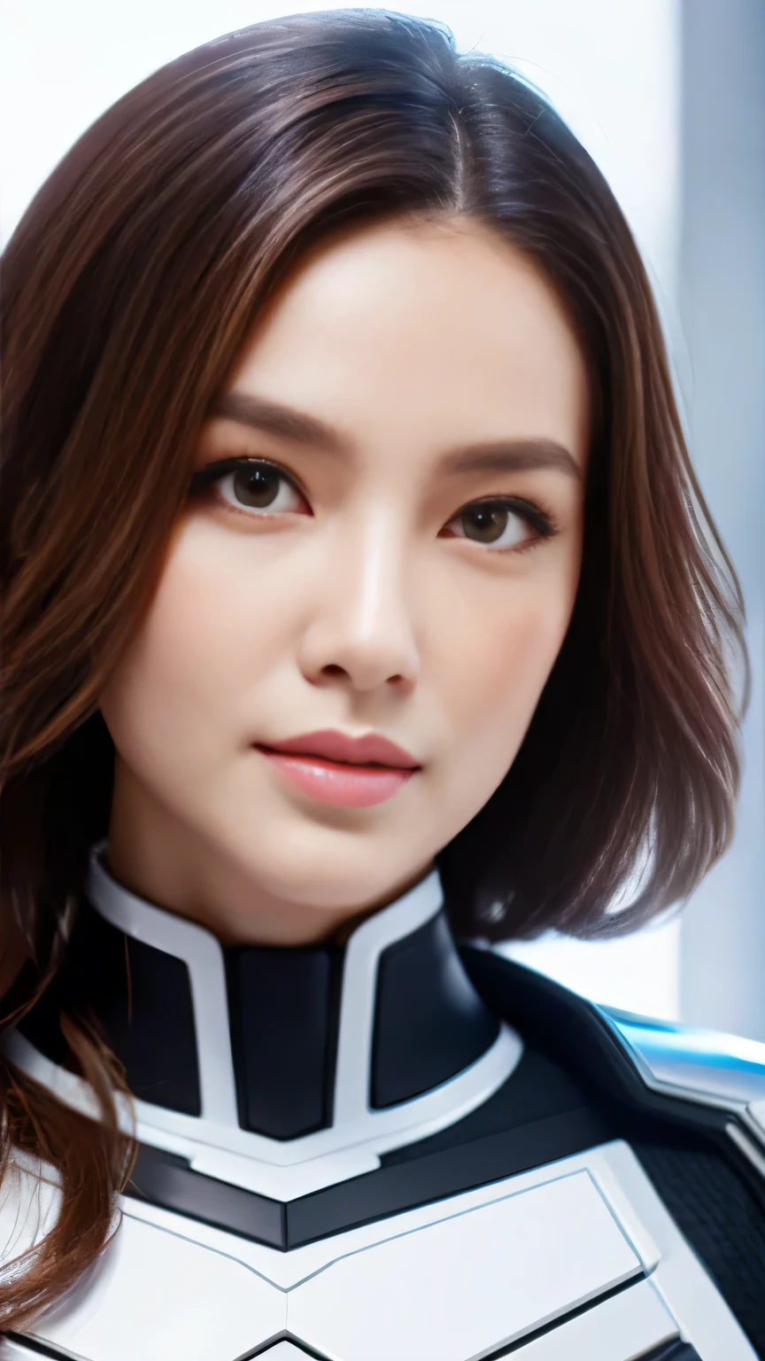 High-definition images、Woman with wavy chestnut hair and purple eyes、white futuristic armor、blush、eye shadow、cute face details、Full body high-definition engraving、facial details，Futuristic cityscape