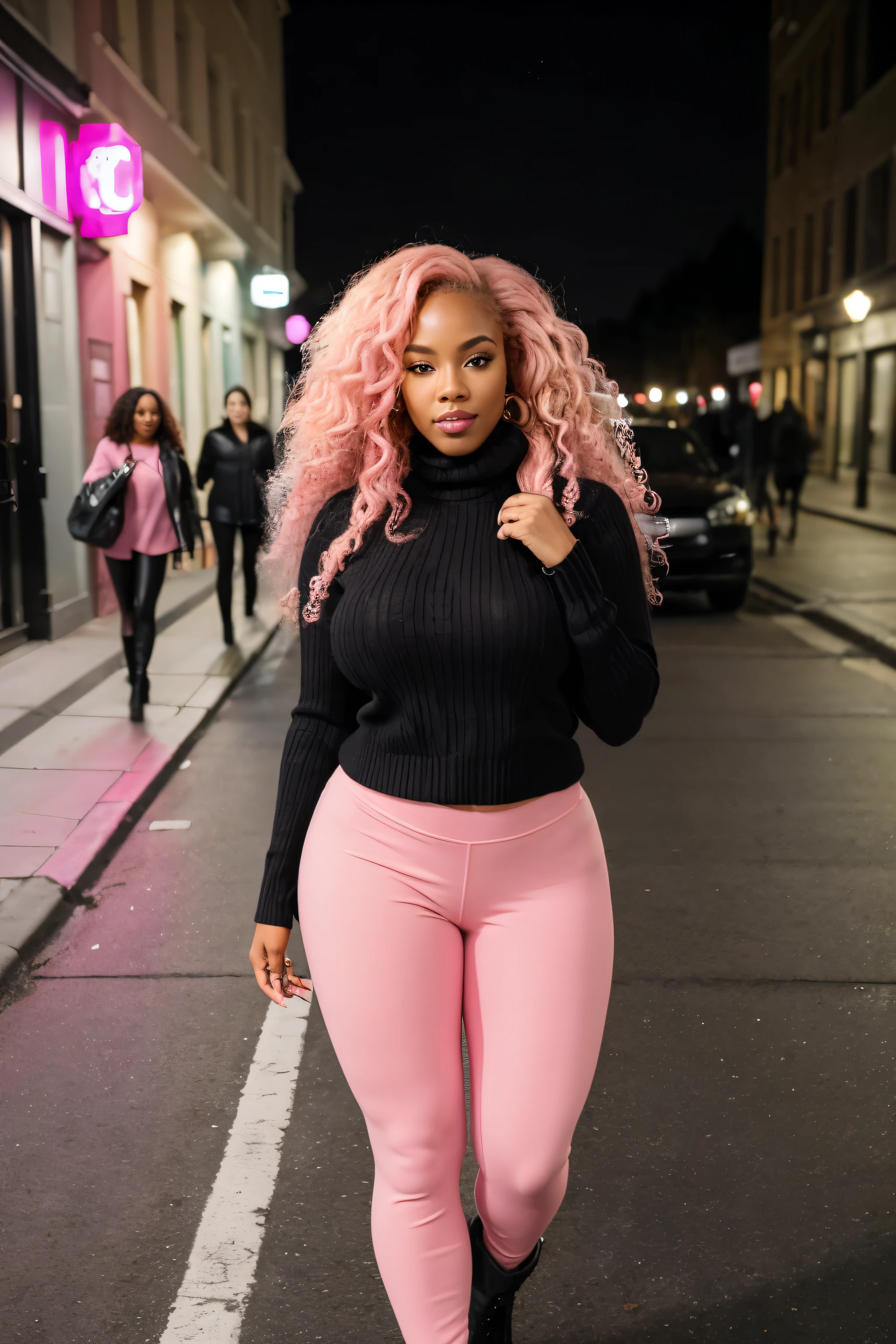 ((best quality)), ((masterpiece)), (detailed), perfect face, black woman with long very curly blonde and pink hair, curvy and fit physique, pink lipstick, wearing a long, pink sweater, black leggings and tall black boots, walking down a street at night with friends who are behind her
