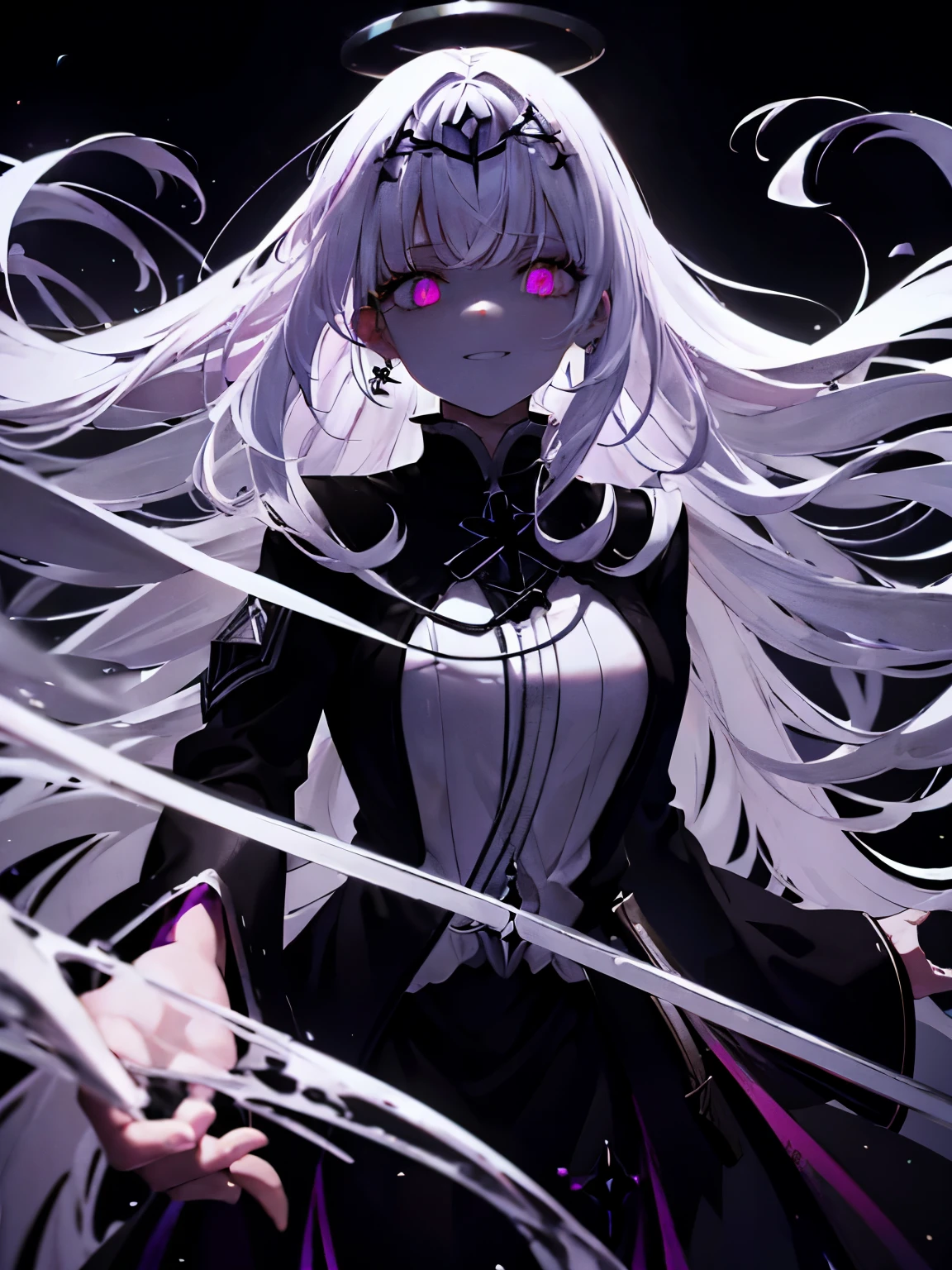 white hair pink eyes strange beautiful girl Dark world smile scared very long hair spiraling staircase darkファンタジー religion画風 religion cross monk halo