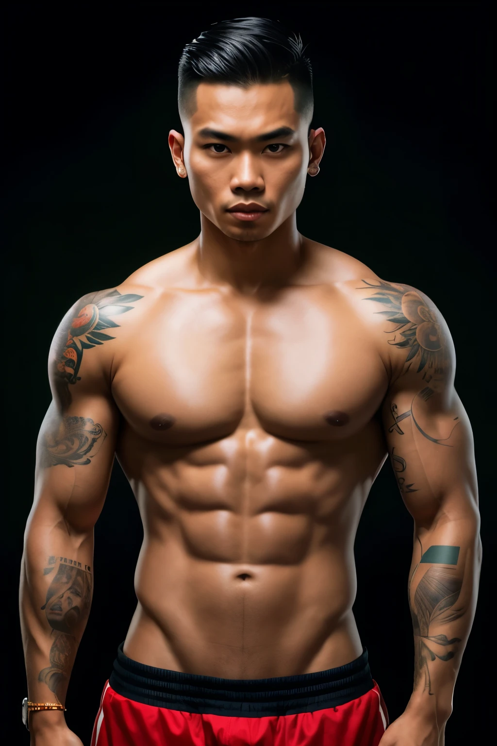 Picture of an Indonesian man, full body, sweat dripping from his skin, Low fade hair style, Attractive man face with expressive features, man body showcasing muscles and toned physique, body adorned with intricate tattoos, 8k, realistic image, created by advanced AI, wallpaper material, 4k and 8k resolution, enhanced color saturation 100%, image quality restoration 100%, super-resolution enhancement 100%, cool-toned color grading, high-angle shot, shallow depth of field, bright color grading.