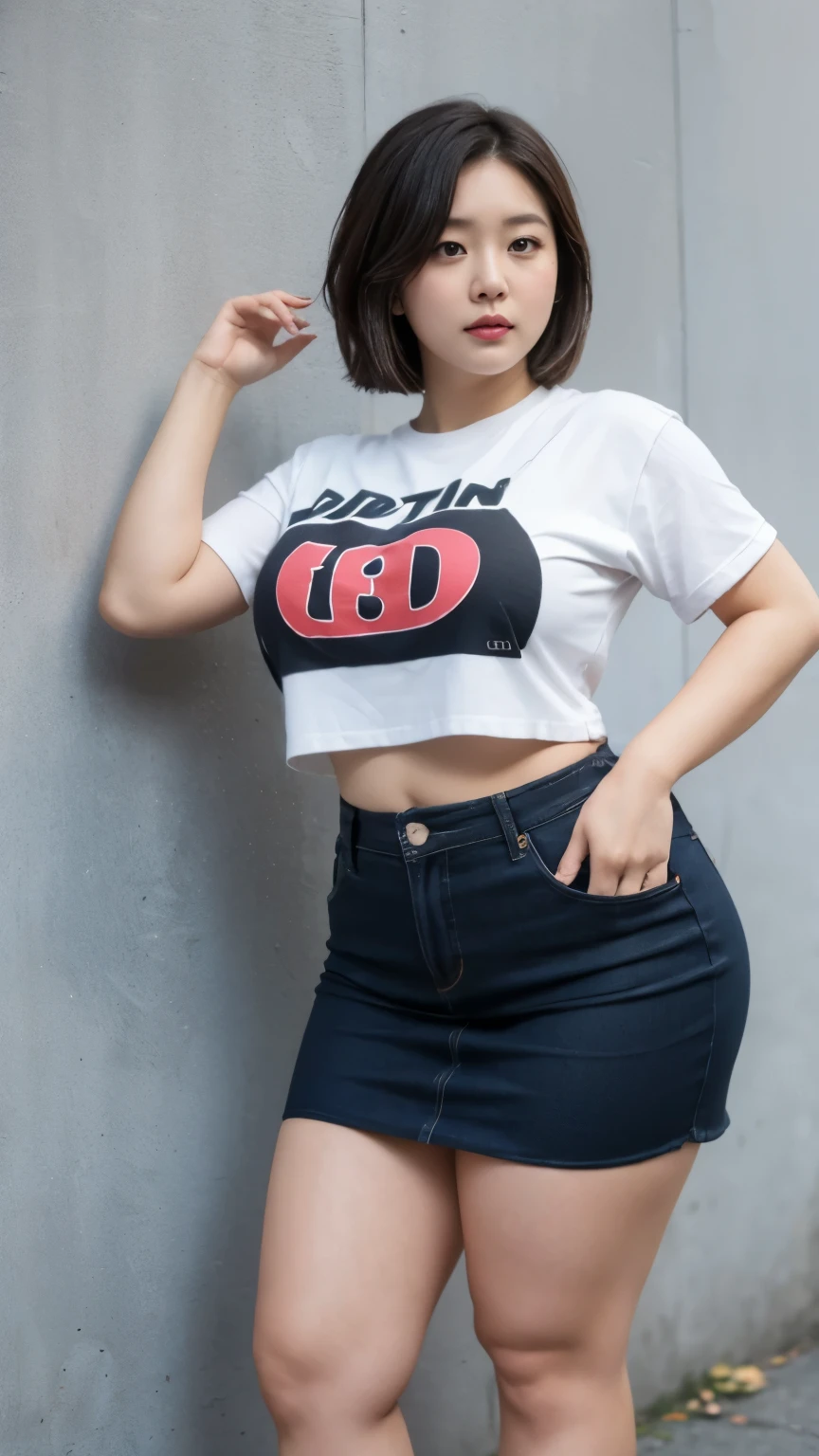 Mature woman, wearing a red t-shirts, wearing a thight skirt, chubby face, asian girl, big breast, big arm, big belly, chubby body, big thighs, chubby hips, bob hairstyle, bbwchan, cute girl, big tits, big , sie . Wearing a sneakers .