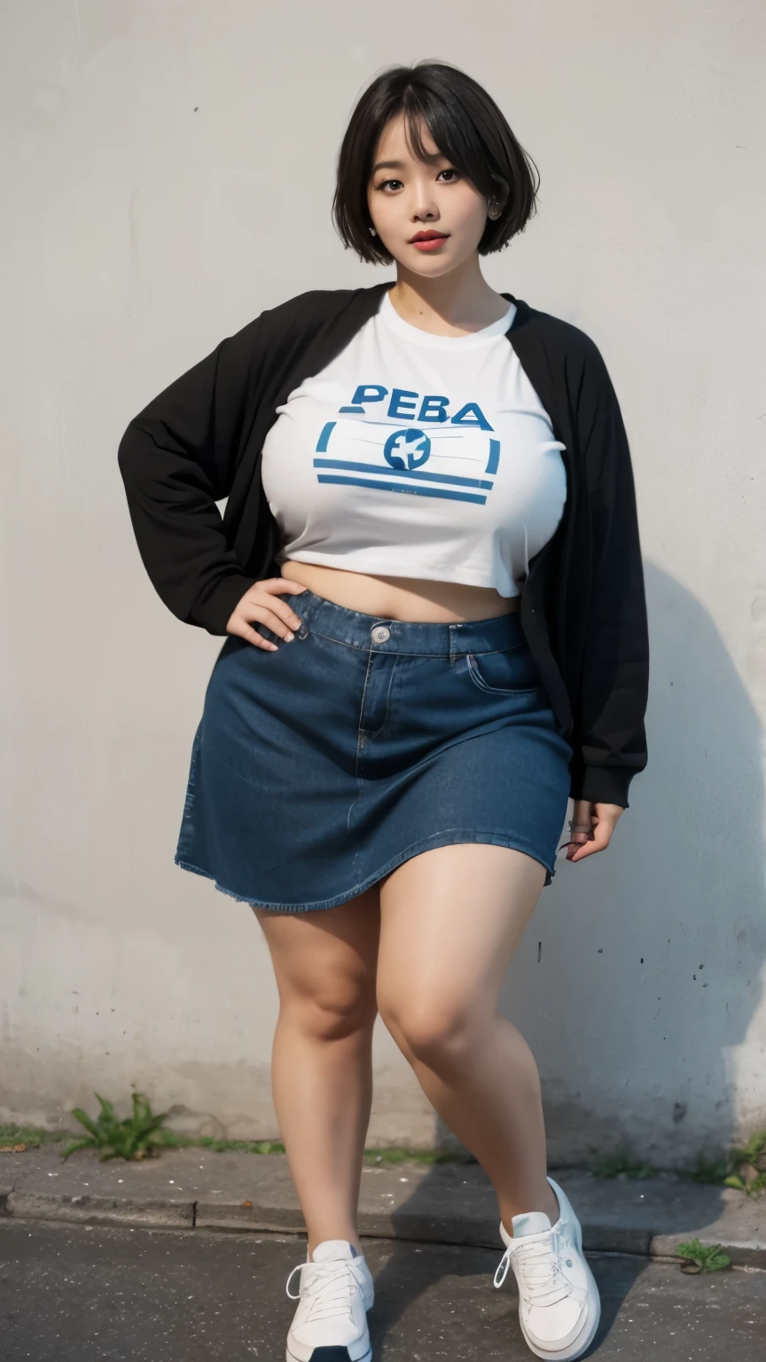 Mature woman, wearing a t-shirts, wearing a thight skirt, chubby face, asian girl, big breast, big arm, big belly, chubby body, big thighs, chubby hips, bob hairstyle, bbwchan, cute girl, big tits, big , sie . Wearing a sneakers .
