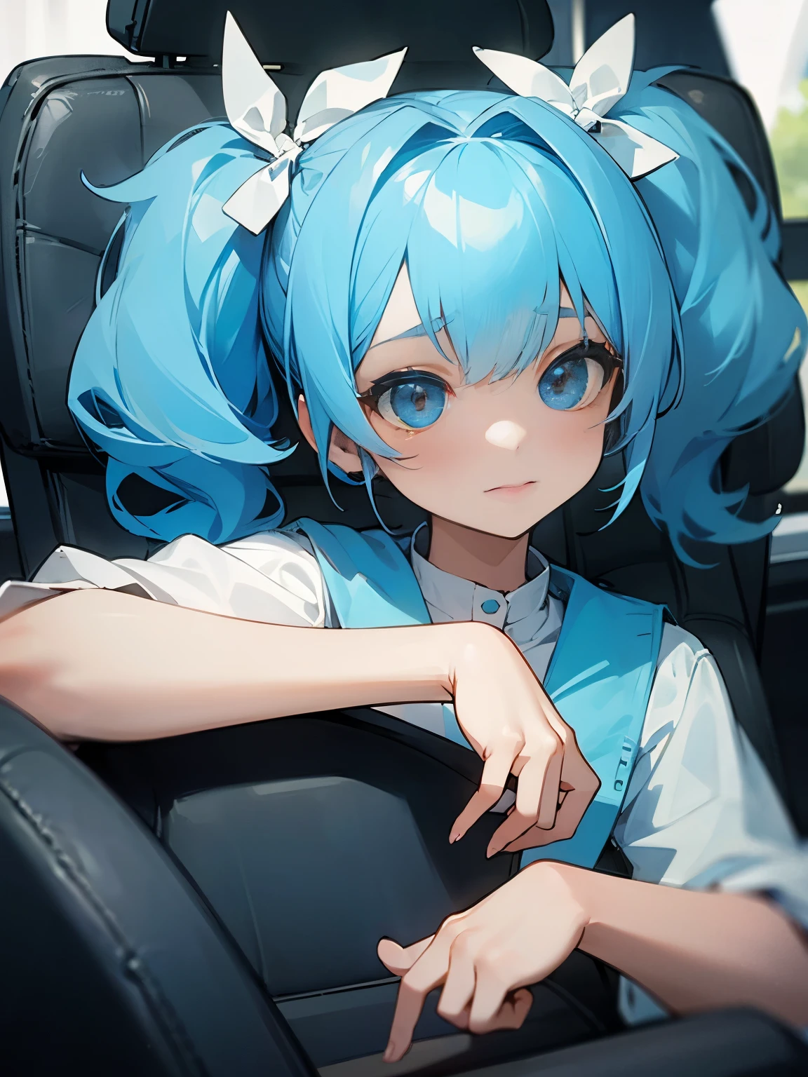 A girl driving in a car, twintails, light blue hair, cute