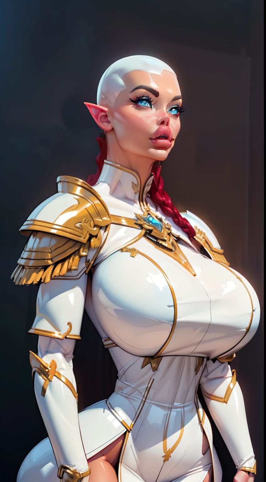 (((1girl:1.8))), ((bulky woman:1.5)) sehele style, anime style, (((dark elf))) (((blue skin:1.5))) (((smoldering eyes))), ((bald:1.5)), ((no hair:1.5)), 8k, 4k, Unreal Engine 5, (braided ponytail:1.3), octane render, trending on pixiv, ((huge shoulder pads:1.7)) (wide shoulders:1.1), (large biceps:1.5), fanbox, skeb, (((white armor:1.5))), masterpiece, ((slendered abs:1.2)),(pressed breasts together:1.4), (full bodied), wide hips, (full lips:1.5), smooth soft skin, big dreamy eyes, beautiful anime wide eyes, soft lighting, concept art, digital painting,