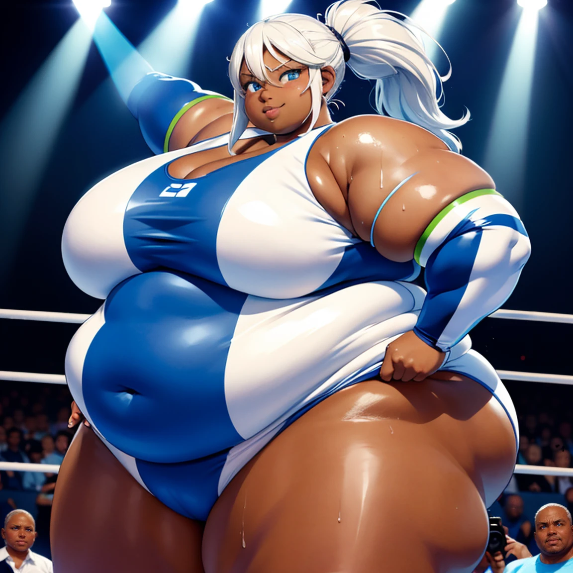 ((Dark skin)), dark skinned female, ((giantess)), ((strongfat)), ssbbw, obese, ((strong arms)), white hair, blue eyes, ((tall)), (gentle smile), (wrestling gear), gigantic, insanely large belly, sweaty, subtle blush, (bare arms), ((biceps)), leotard, fingerless gloves, wrestling ring background, clear face, large eyes, ((butt towards viewer)), ((butt))