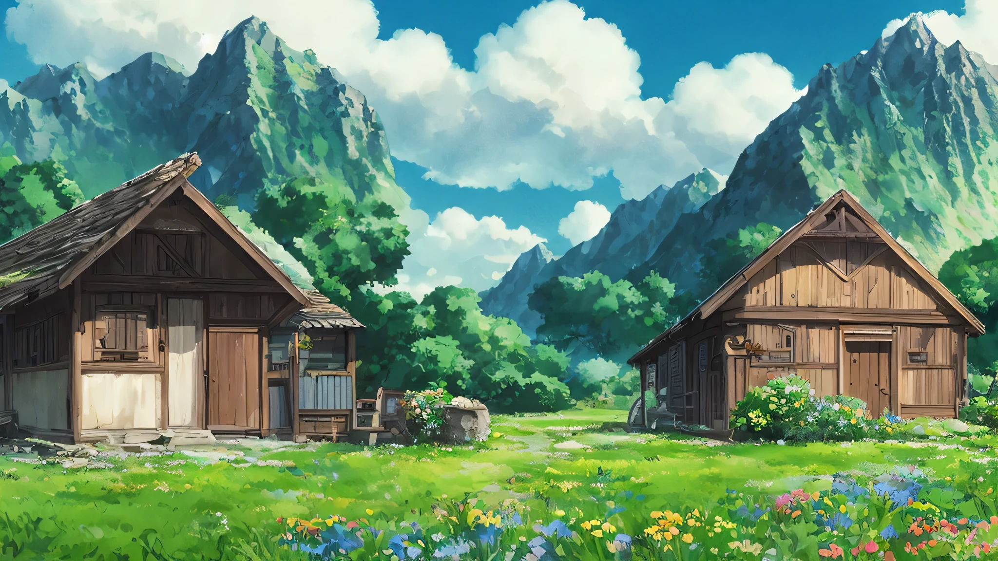 Beautiful countryside, blue sky, Studio Ghibli style, There are no people, Mountain hut
, Mountain,